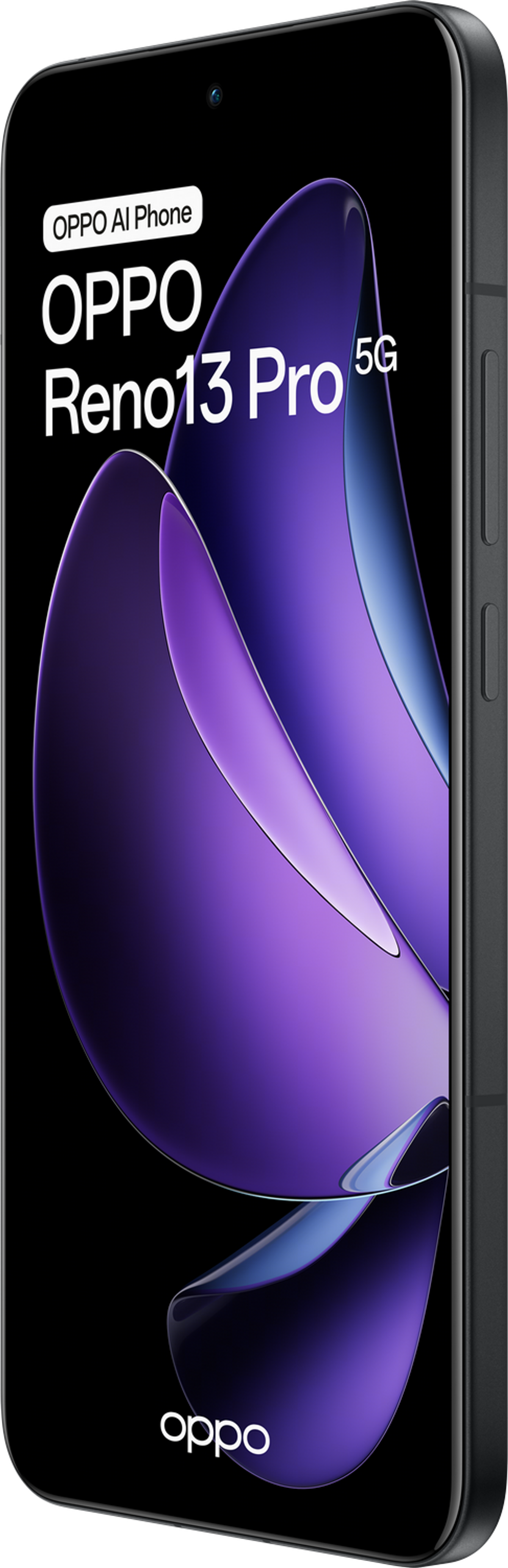 OPPO Reno13 Pro 5G-Telefon auf dem Display. Das Telefon hat einen schwarzen Rahmen, einen gebogenen Bildschirm mit lila und blauem Design.