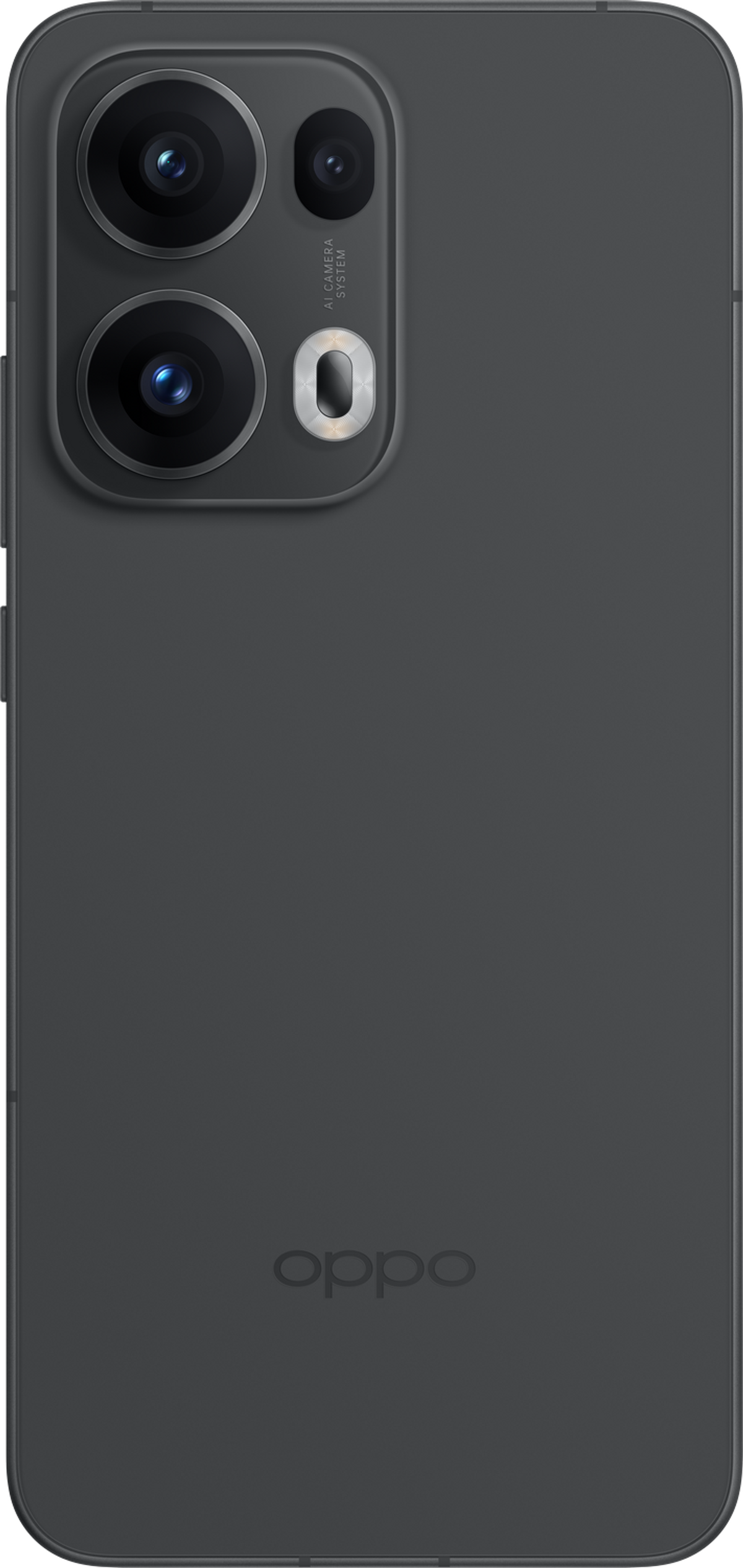Dunkelgraue Oppo-Telefonrückseite. Drei Kameralinsen und ein Blitz sind sichtbar. Das Oppo-Logo ist unten.