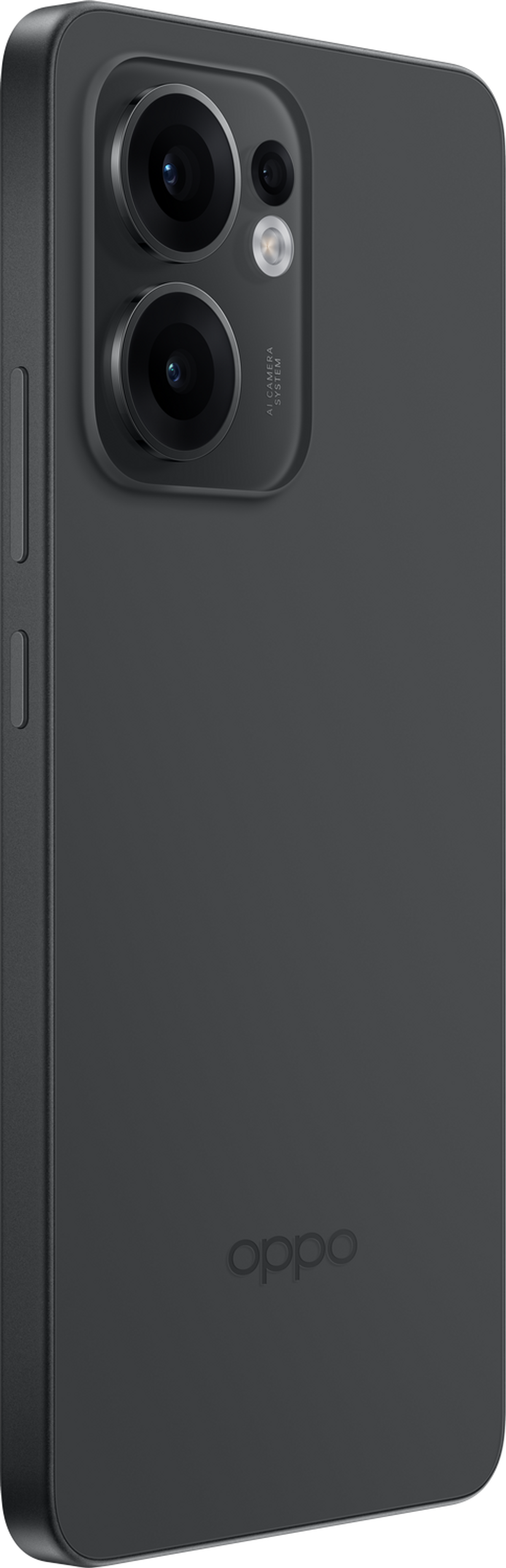 Un telefono Oppo grigio scuro. Ha lenti della fotocamera e il logo Oppo sul retro.