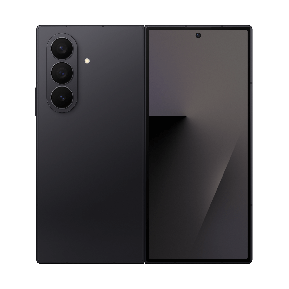 Czarny składany smartfon, częściowo otwarty, pokazujący ekran. Posiada trzy tylne kamery. Tło jest białe.