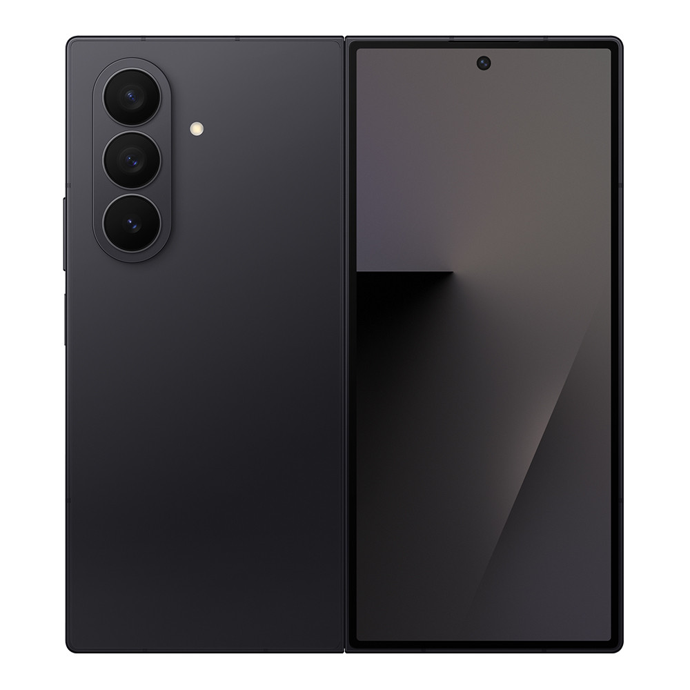Ein dunkelgraues faltbares Smartphone. Die Rückseite hat drei Kameralinsen. Der Bildschirm ist geöffnet und zeigt einen Farbverlauf.