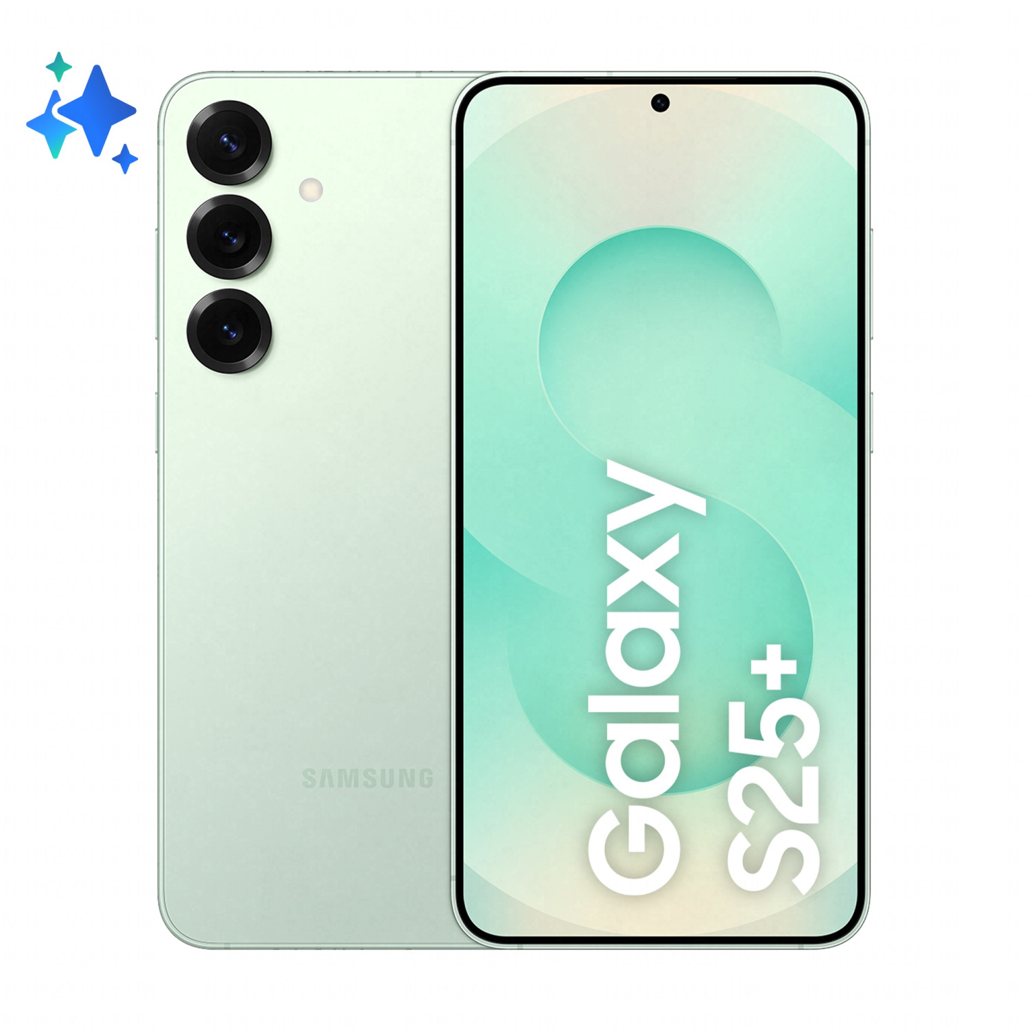 Een mintgroene Samsung Galaxy S25+ telefoon. Het toont het Galaxy S25+ logo op het scherm. Drie camera's aan de achterkant.