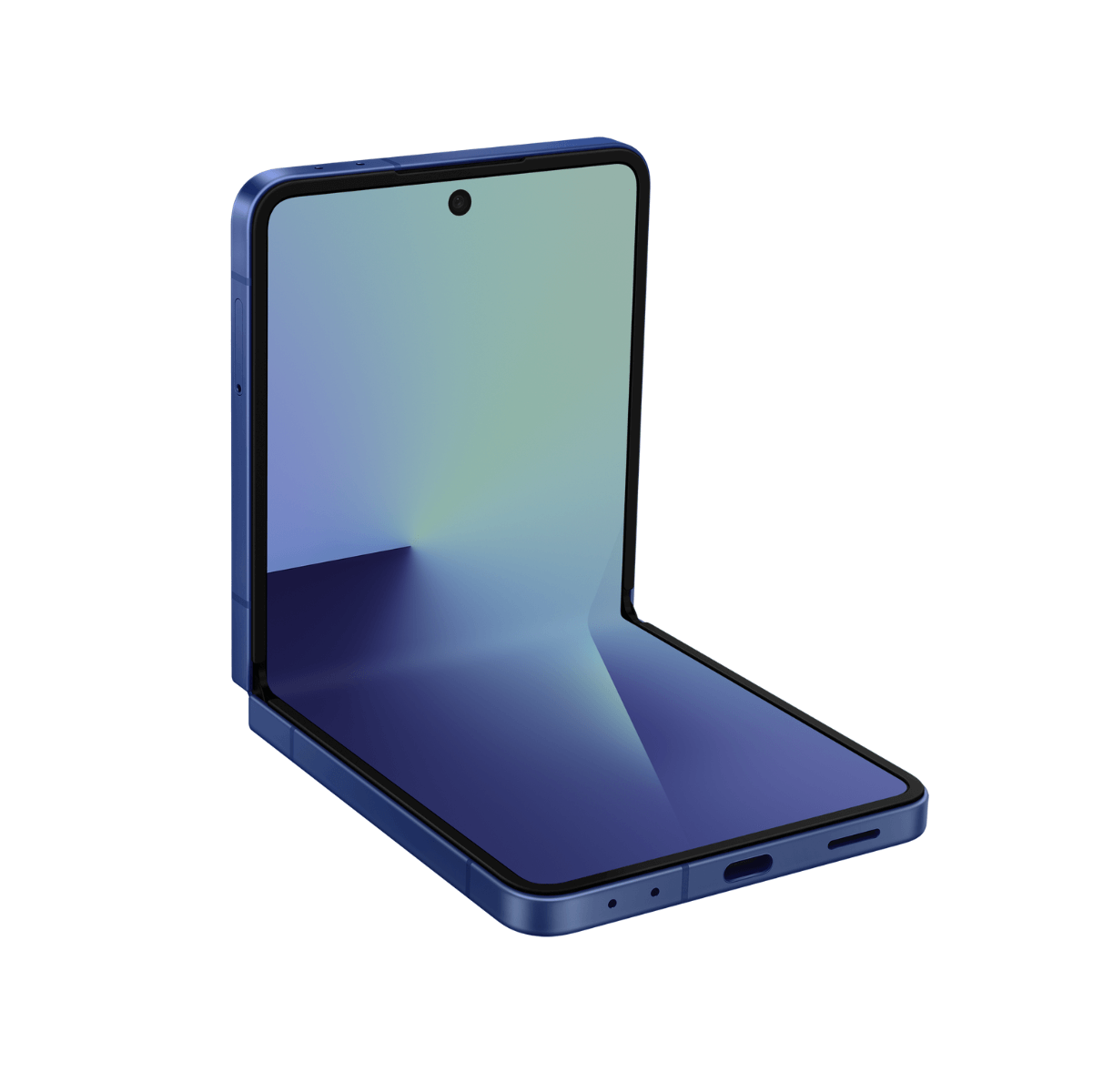 Niebieski składany smartfon jest częściowo otwarty. Ekran wyświetla przejścia gradientowe. Jest na białym tle, skierowany do widza.
