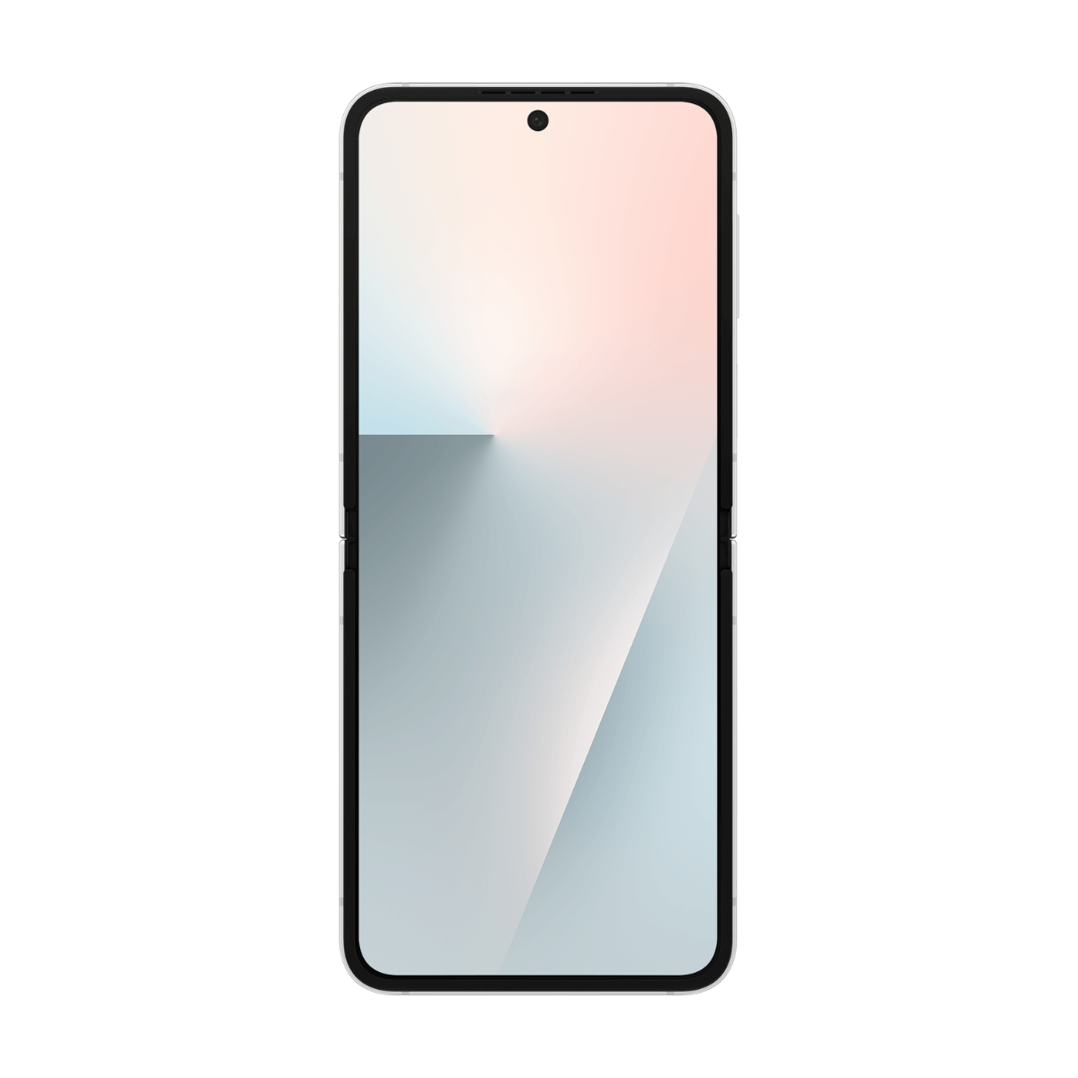 Smartfon na białym tle. Ekran wyświetla gradient kolorów od różowego do niebieskiego i szarego. Telefon jest srebrny.