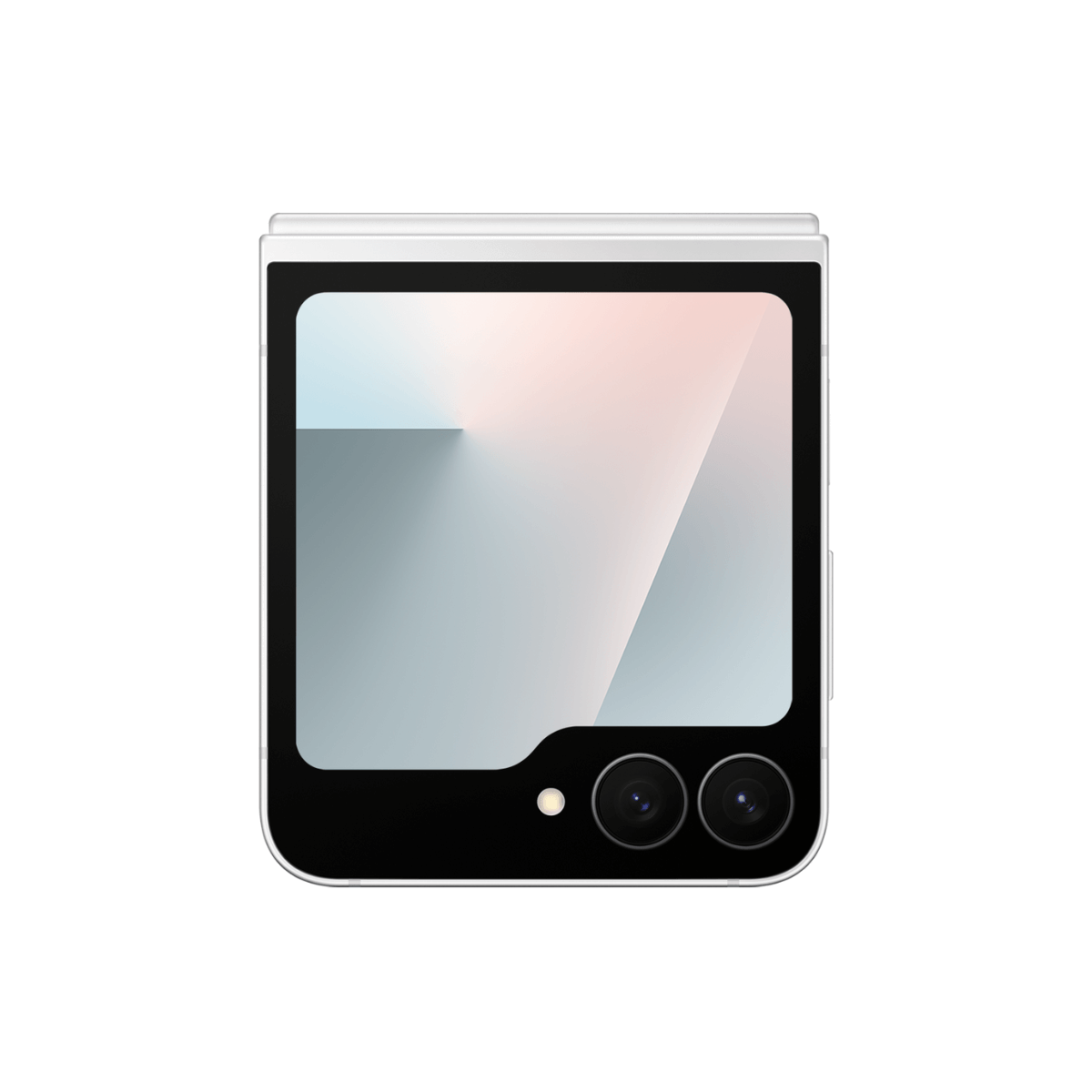 Biały, składany smartfon. Ma czarny ekran z dwoma obiektywami aparatu i lampą błyskową. Tło jest białe.