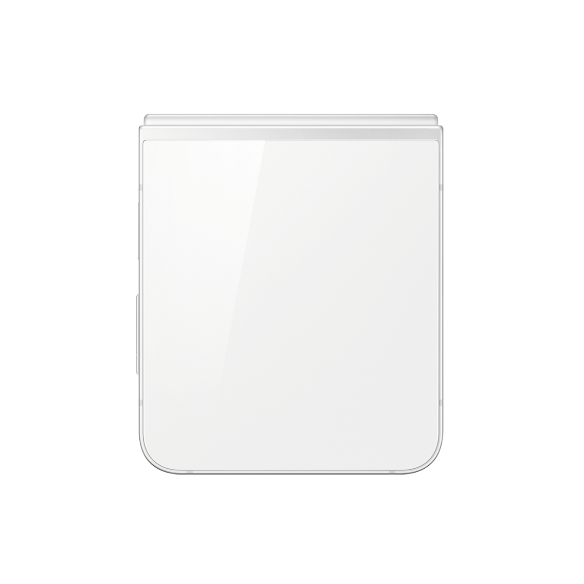 Biały, składany smartfon na białym tle. Zamknięty, prostokątny, zaokrąglone rogi, błyszczący ekran.