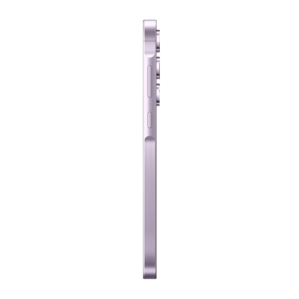 Vista laterale di uno smartphone viola. Ha un modulo fotocamera e pulsanti. Il telefono è posto su sfondo bianco.