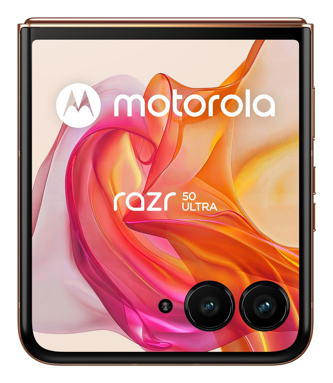 Ein Motorola Razr 50 Ultra Telefon. Das Display zeigt bunte, abstrakte Formen mit dem Motorola-Logo und Telefondetails.