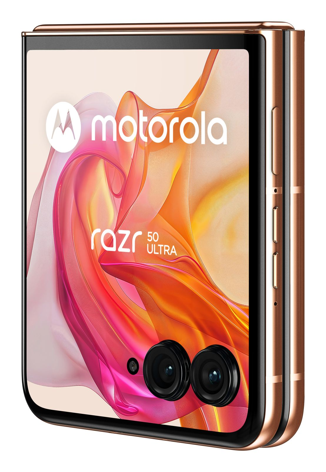 Faltbares Motorola Razr 50 Ultra Smartphone. Das Display zeigt Logo und abstraktes Design. Telefon ist goldfarben, mit zwei Kameralinsen.
