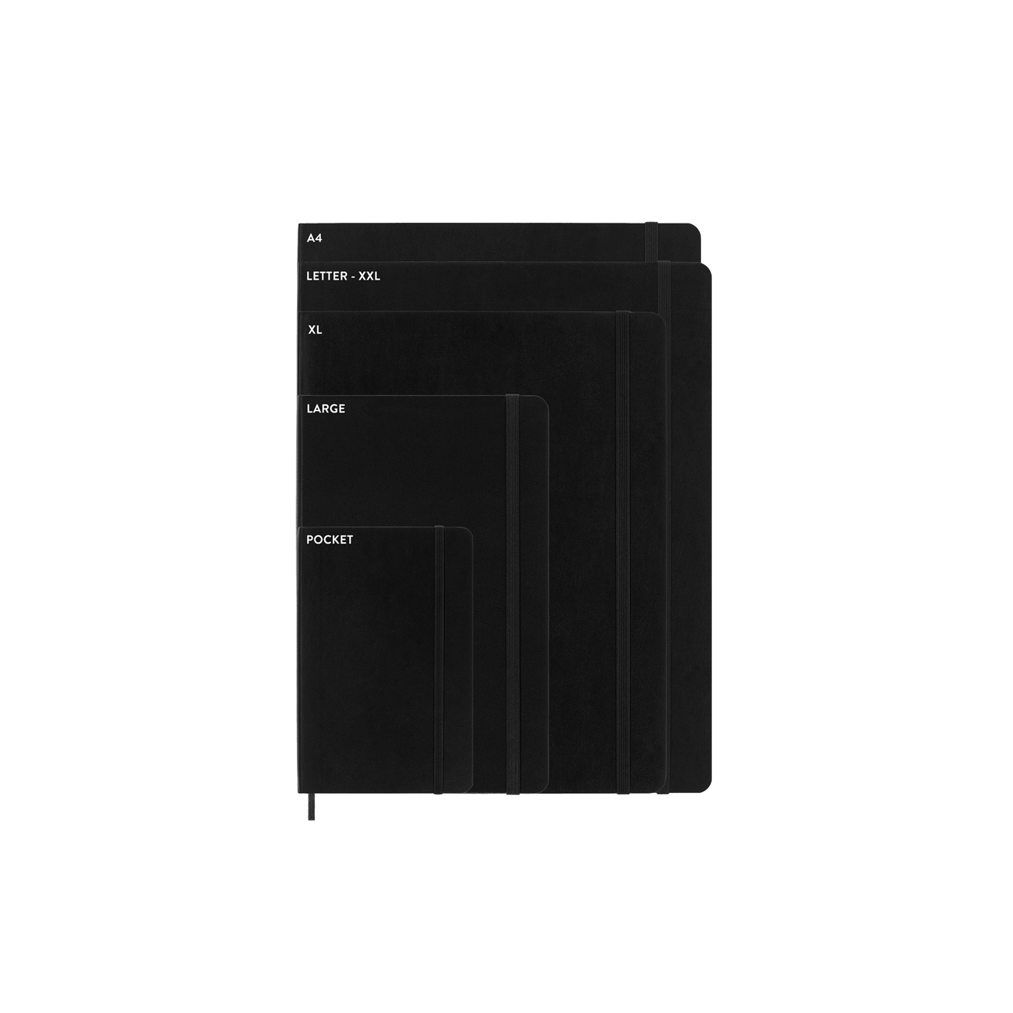 Fünf schwarze Notizbücher verschiedener Größen werden vor weißem Hintergrund angezeigt und mit A4, Letter-XXL, XL, Large und Pocket beschriftet.