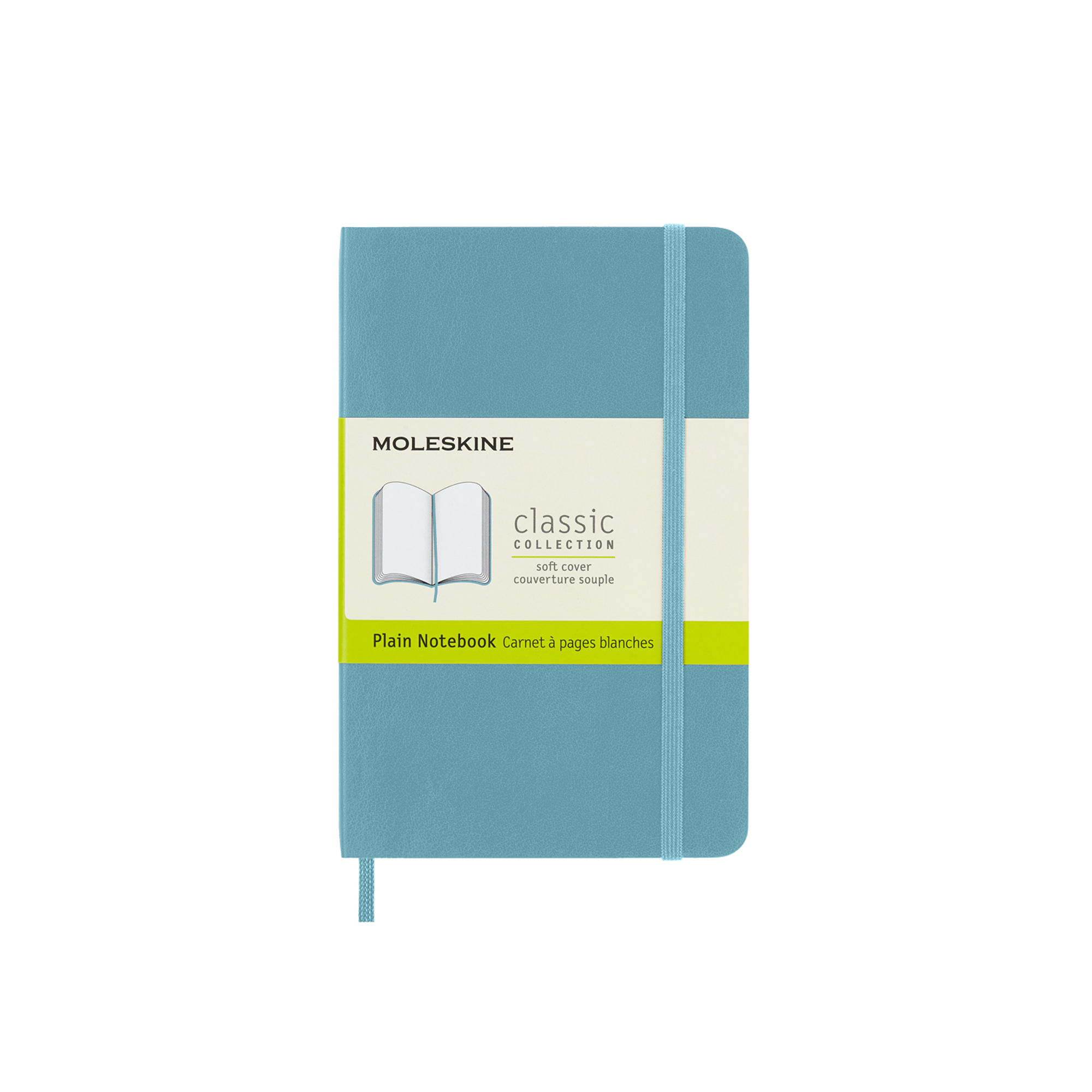 Ein türkisfarbenes Moleskine-Notizbuch. Es hat ein Band, einen Lesezeichen und die Aufschrift 'Classic Collection'.