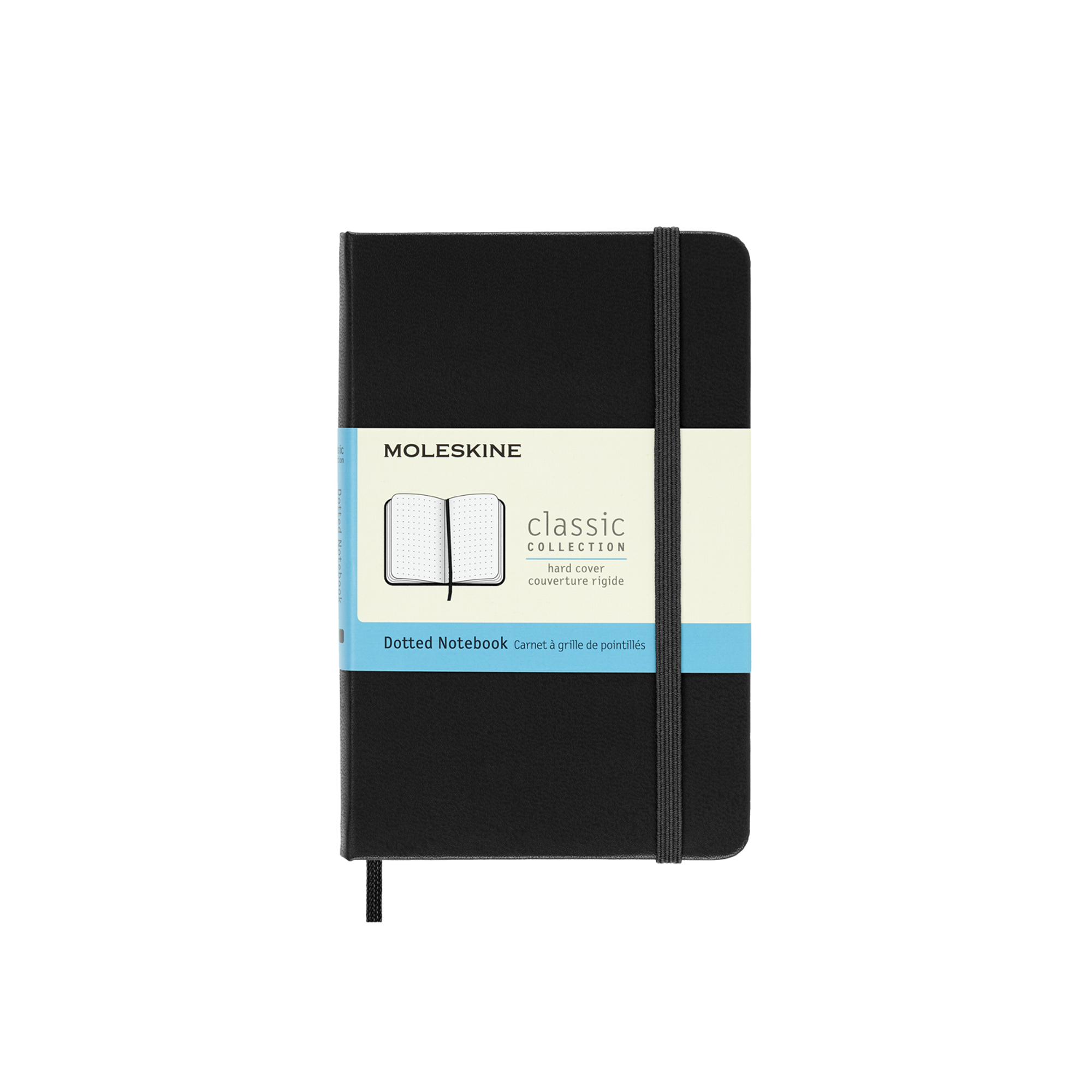 Ein schwarzes Moleskine-Notizbuch mit Punkten, mit Gummiband verschlossen, mit Marken- und Produktdetails.