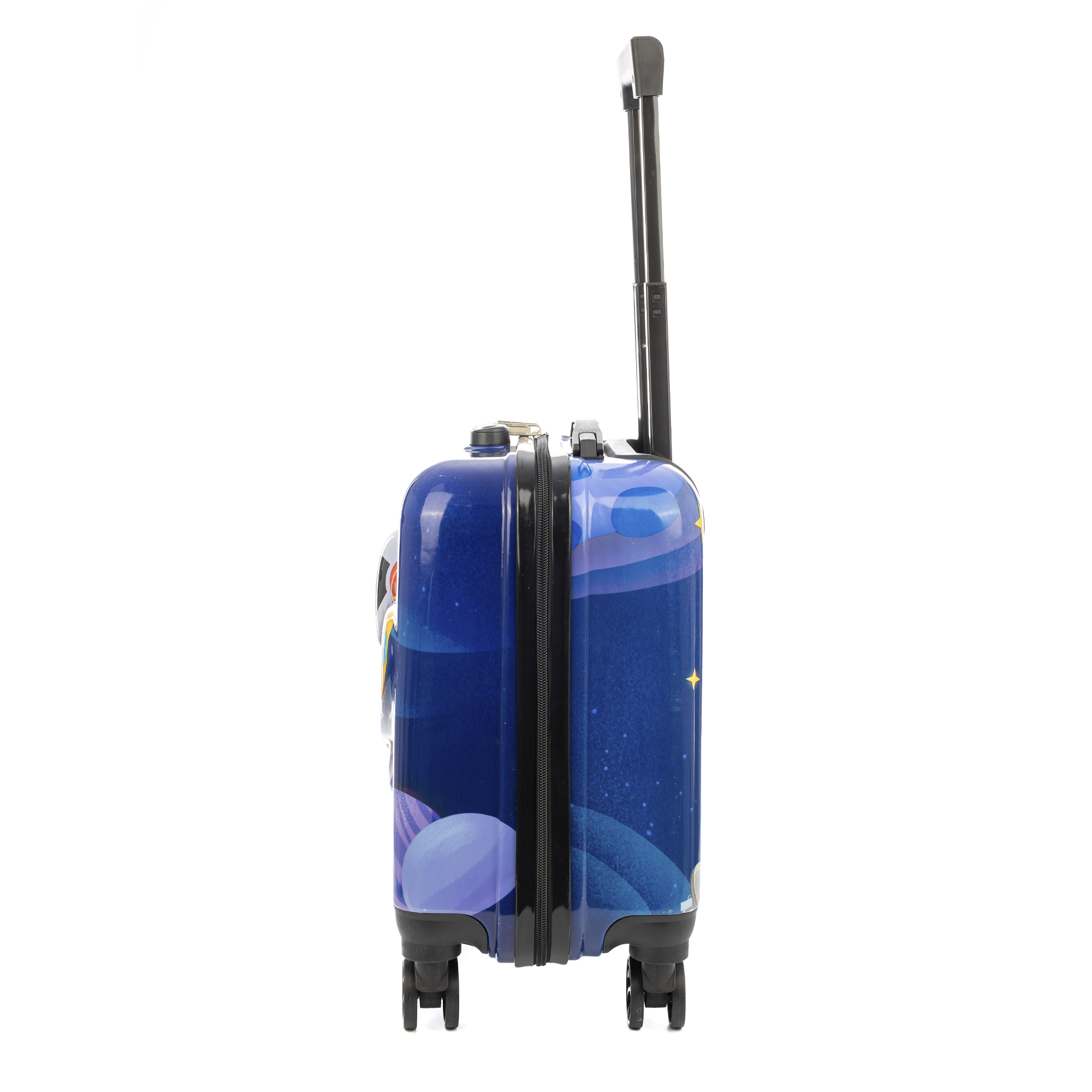 Una valigia blu con design spaziale, manico nero e ruote, su sfondo bianco.