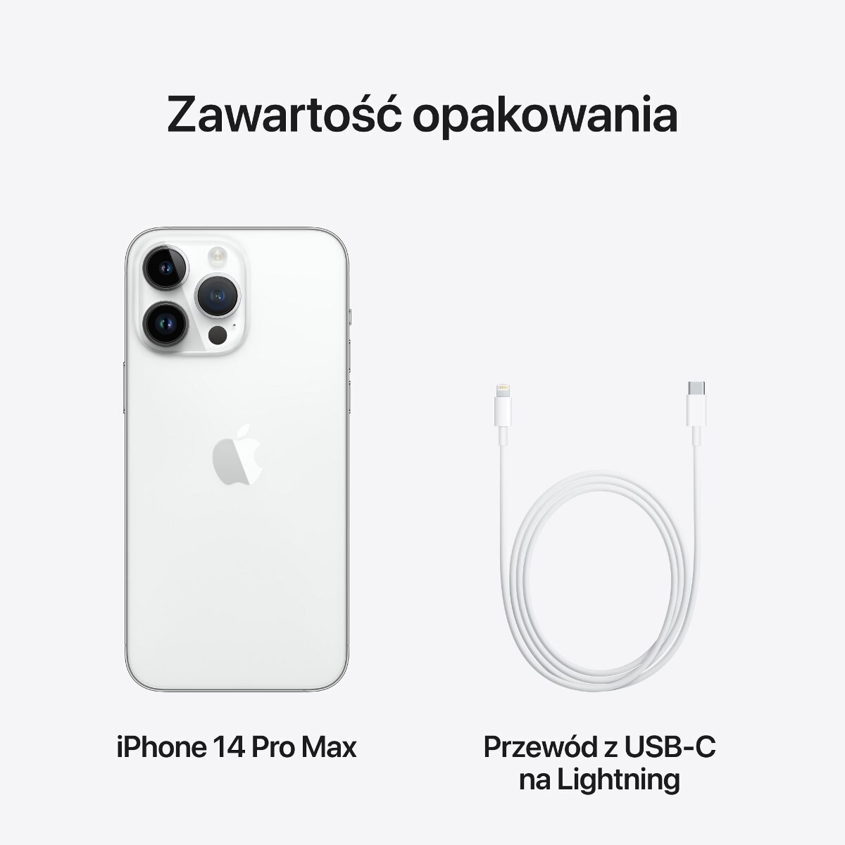 Obraz przedstawia iPhone 14 Pro Max i kabel USB-C na Lightning. Telefon jest biały, z aparatami. Kabel jest również biały.