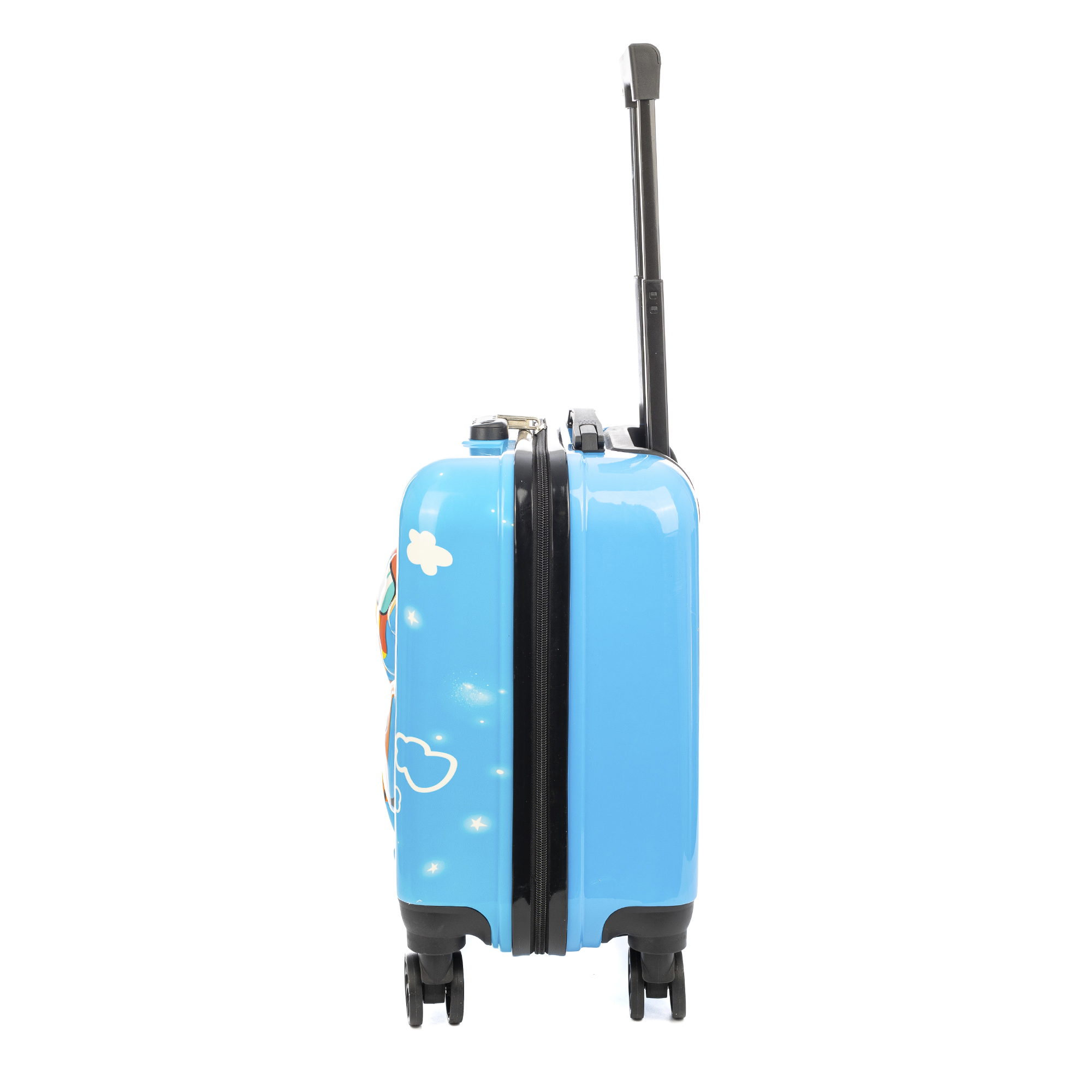 Ein blauer Koffer mit Cartoon-Designs und einem schwarzen Griff wird vor weißem Hintergrund gezeigt.