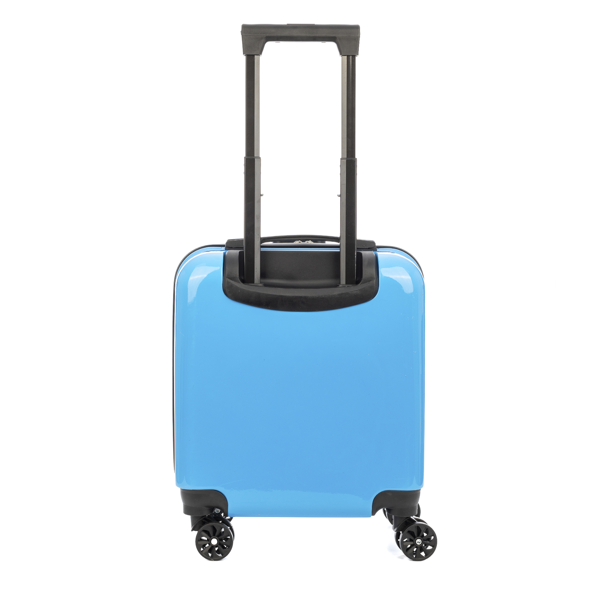 Ein blauer Rollkoffer mit schwarzem Griff, Rädern und Rahmen, vor weißem Hintergrund.