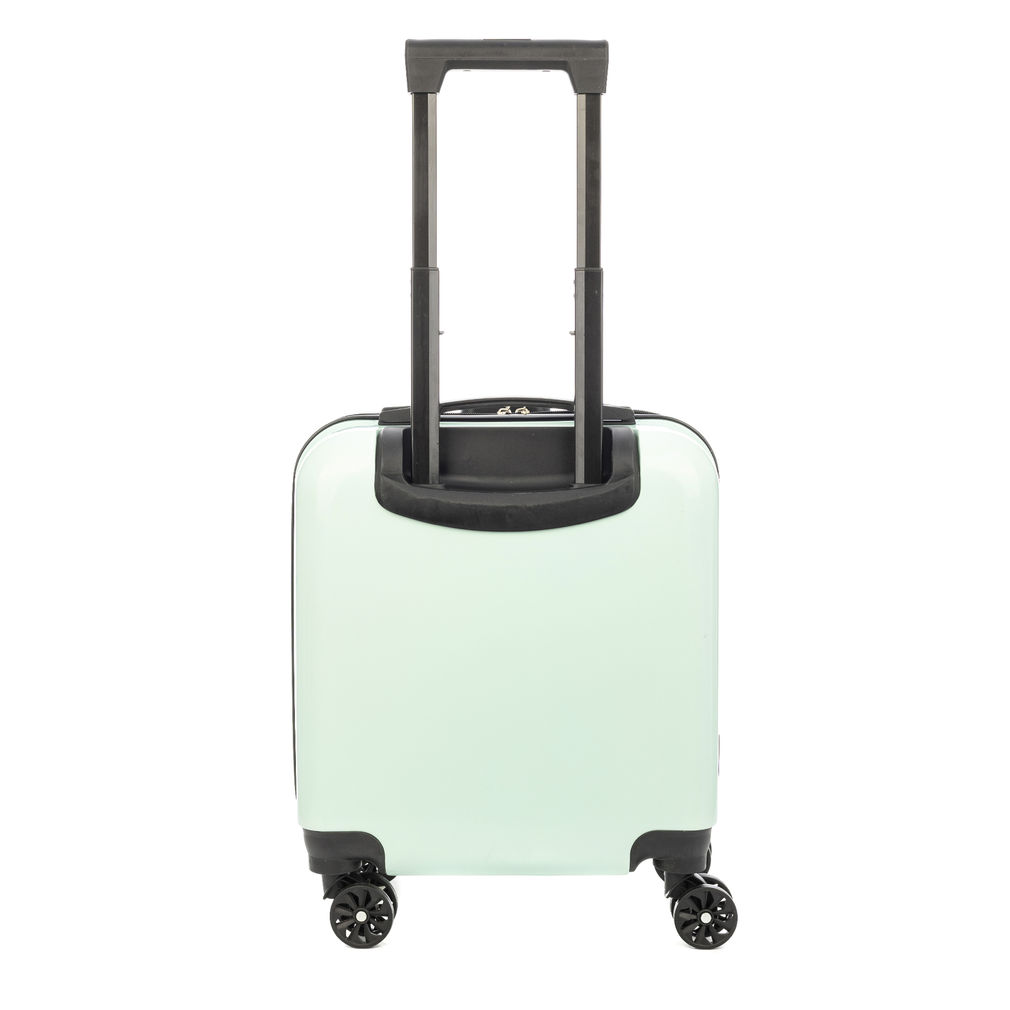 Ein mintgrüner Koffer mit schwarzem Griff und Rädern, isoliert auf weißem Hintergrund.
