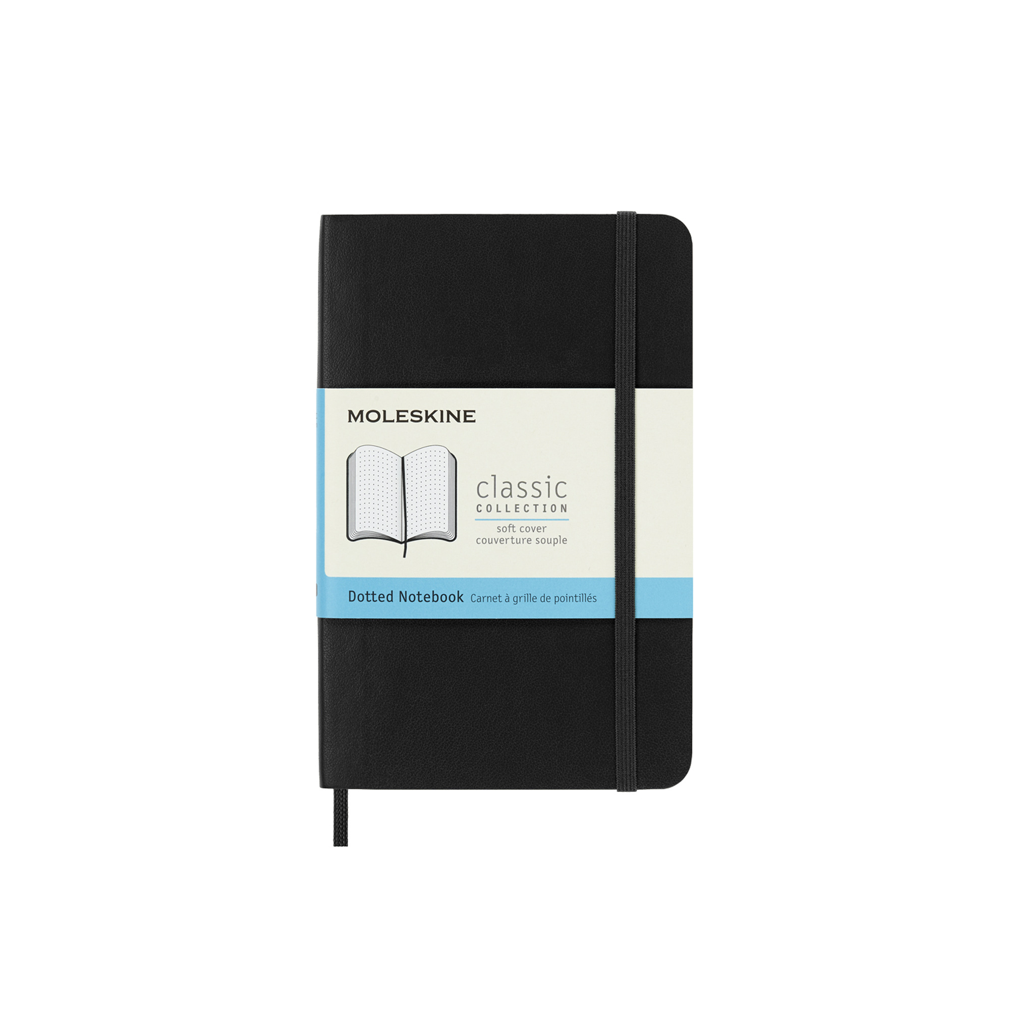 Czarny notatnik Moleskine z białą etykietą i niebieskim paskiem. Ma gumkę i wzór w kropki na stronach.