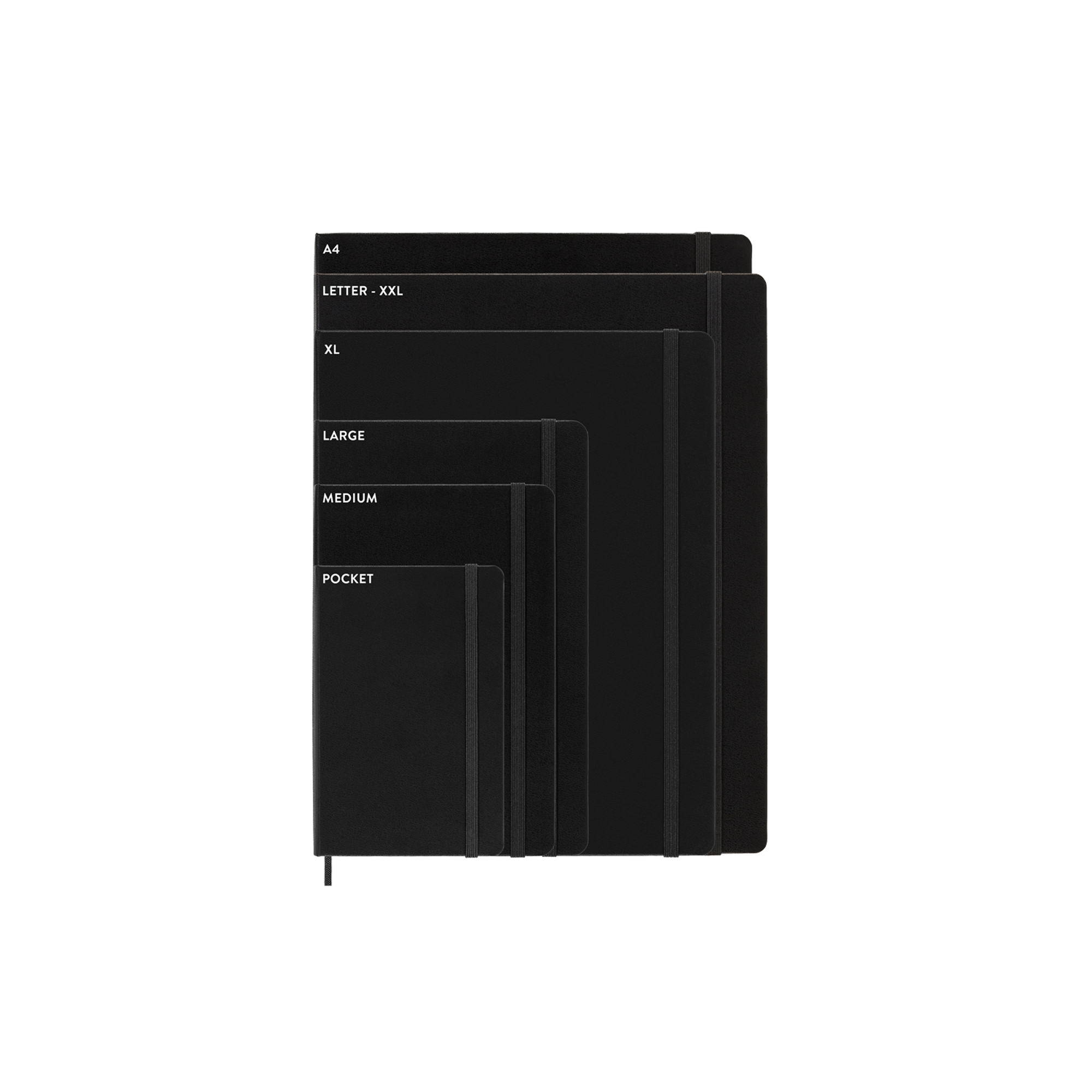 Sechs schwarze Notizbücher verschiedener Größen sind vertikal angeordnet, beschriftet mit A4, Letter-XXL, XL, Large, Medium und Pocket.