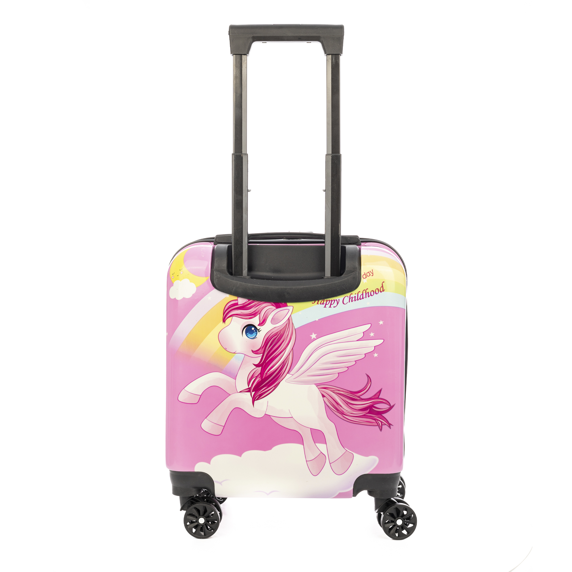Maleta rosa con diseño de unicornio, arcoíris y nubes. Tiene asa retráctil y cuatro ruedas negras.
