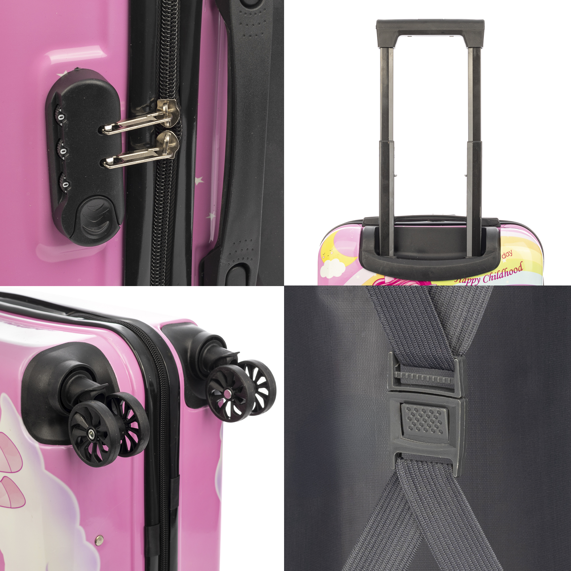 Maleta rosa con detalles negros. Incluye cerradura de combinación, asa, ruedas y correa con hebilla.