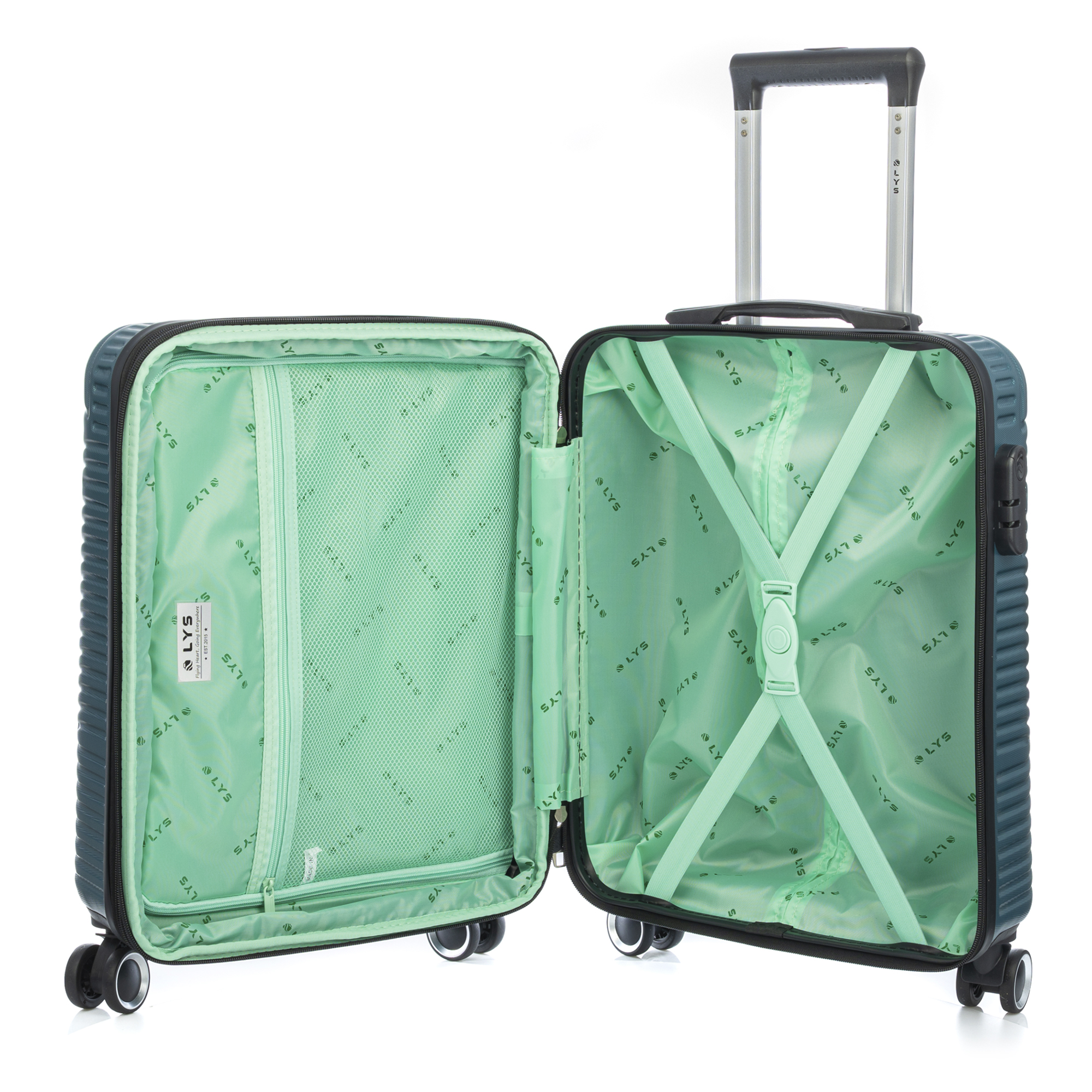 Maleta teal abierta con interior menta. Correas, bolsillo de malla y asa visibles. Las ruedas son negras y plateadas.