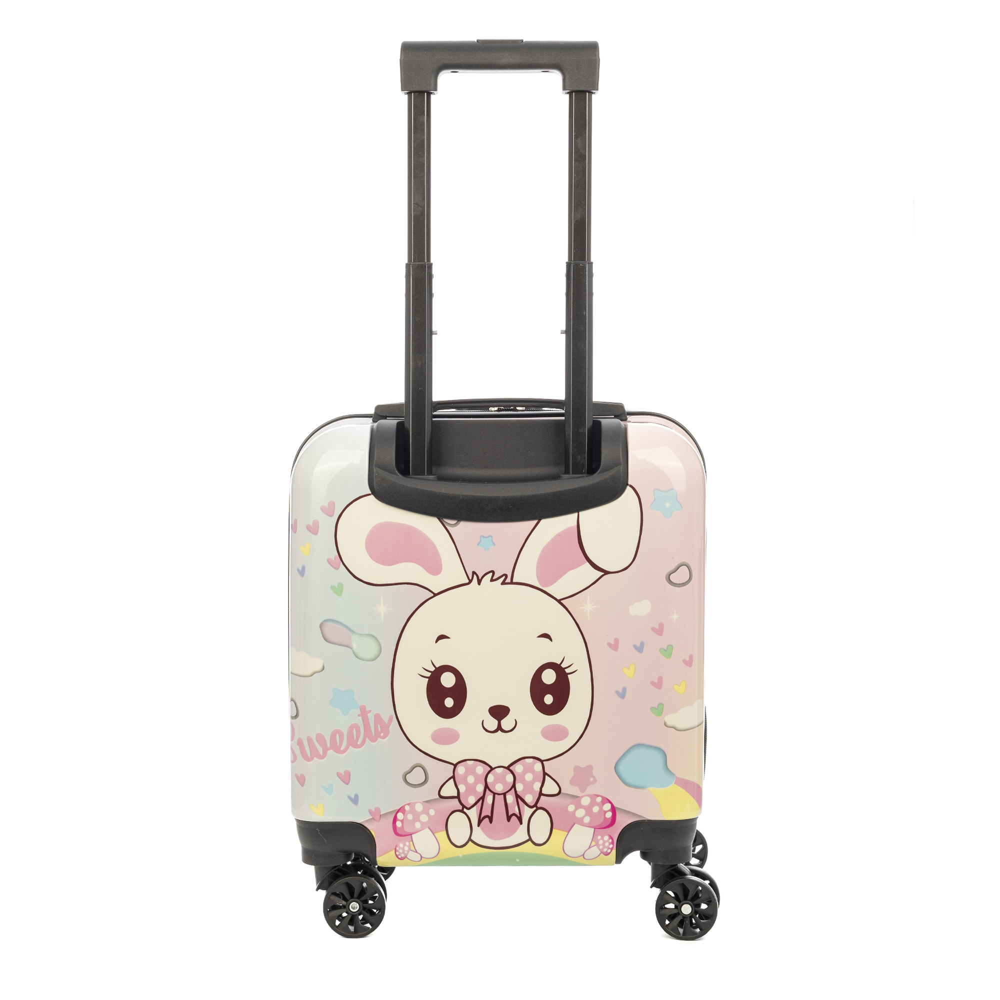Una valigia colorata con un design a coniglietto dei cartoni animati, maniglia estraibile e ruote. Ha colori rosa, blu e bianco.