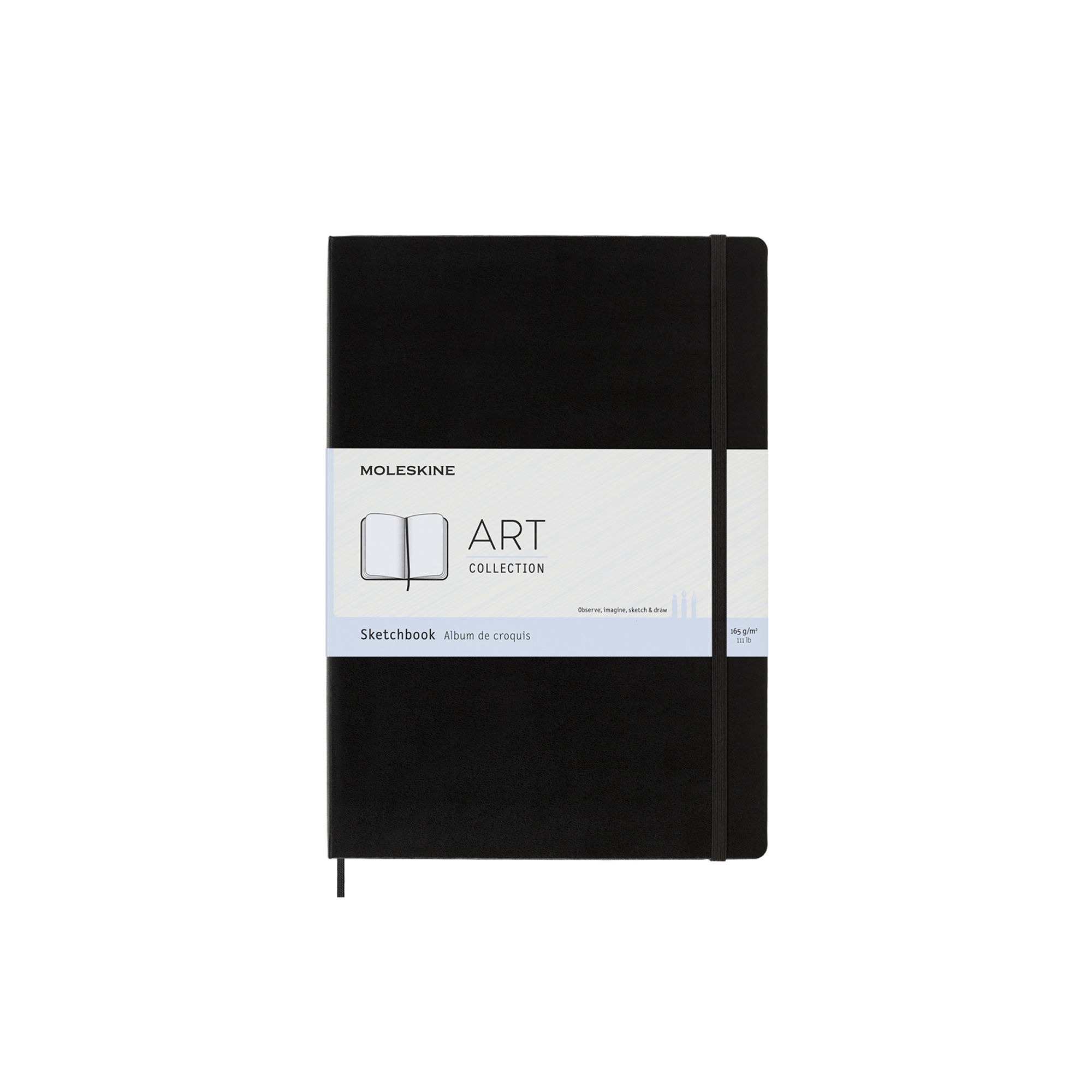 Czarny szkicownik Moleskine z białą opaską. Okładka zawiera markę, słowo ART i Sketchbook.
