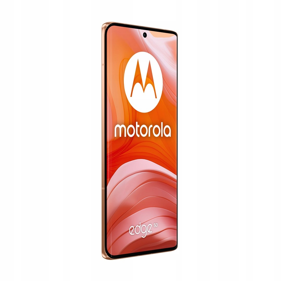 Wyświetlany jest telefon Motorola Edge 50. Ekran pokazuje logo Motorola na pomarańczowo-różowym abstrakcyjnym tle.