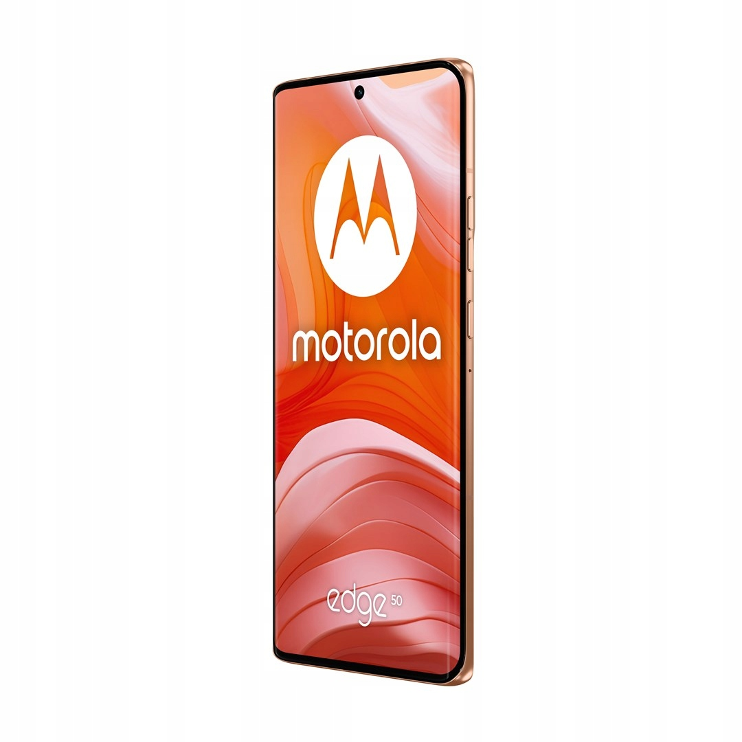 Telefon Motorola Edge 50, złota ramka, pomarańczowy i różowy gradient ekranu z logo Motorola.