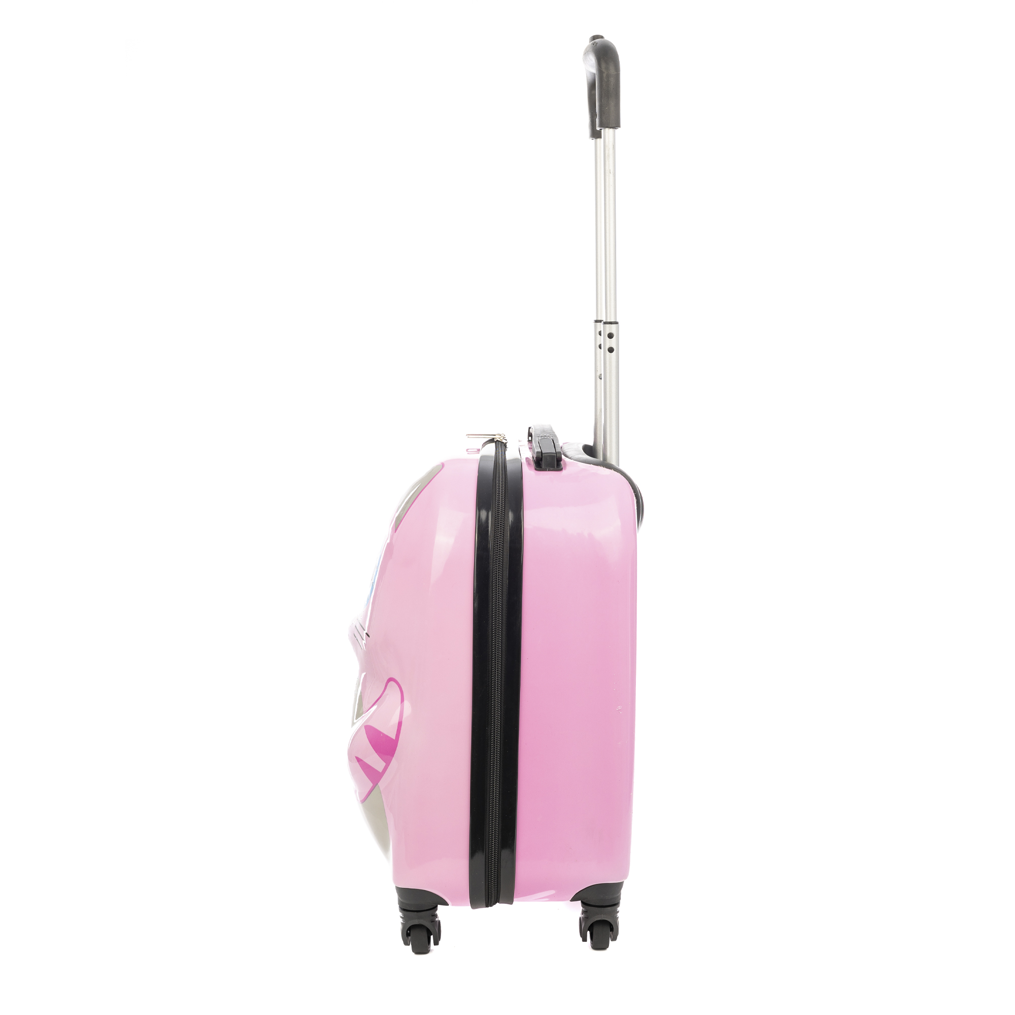 Ein rosa Koffer mit Katzendesign steht aufrecht. Er hat einen ausziehbaren Griff und Räder auf weißem Hintergrund.
