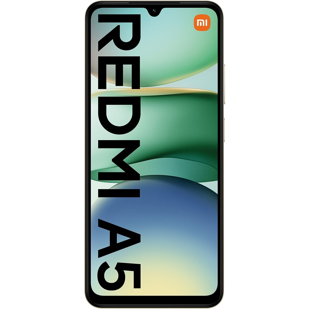 A Redmi A5 smartphone. The screen displays a green and blue design. The word REDMI A5 is vertically printed on the phone.