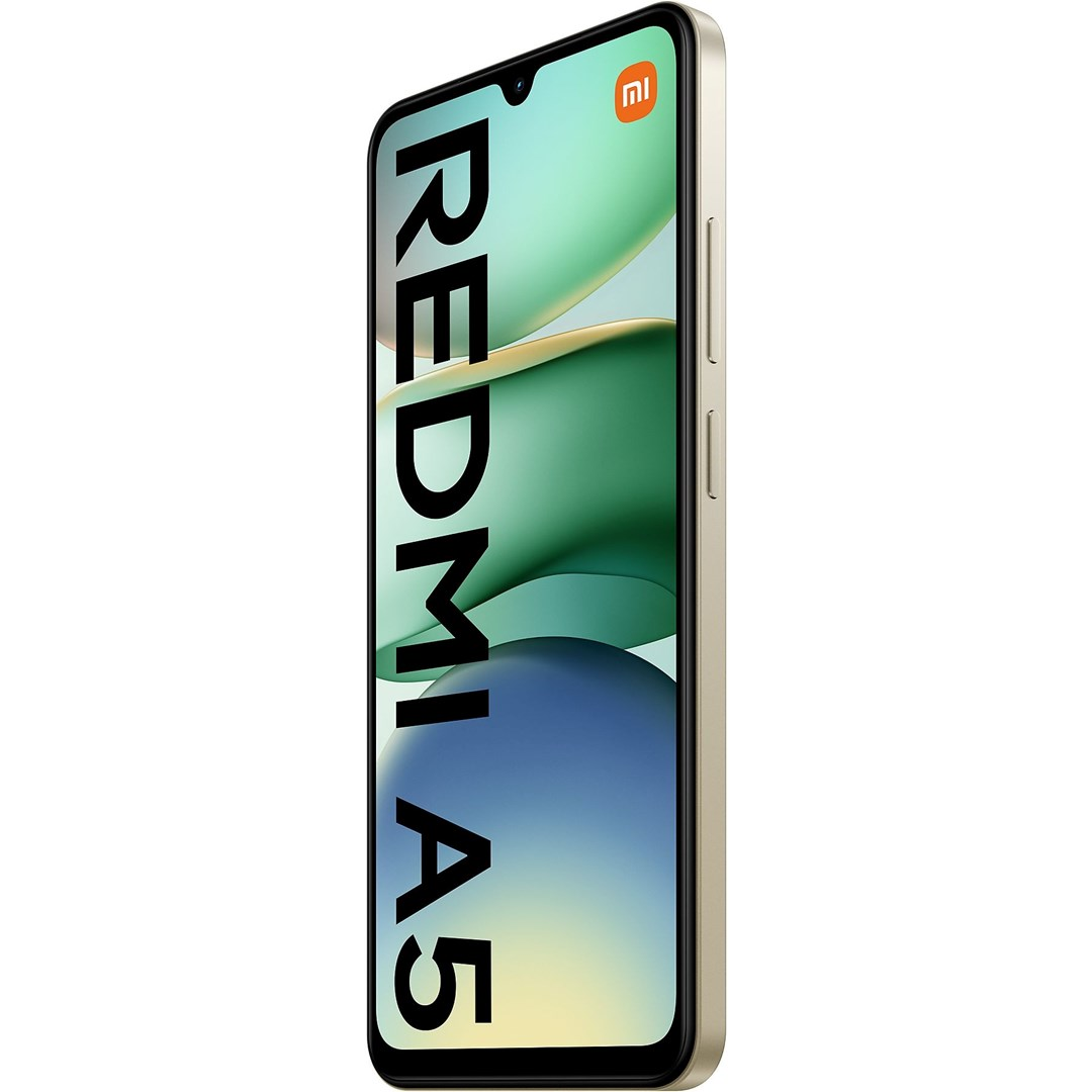 A smartphone with a cream-colored frame. The screen displays the text "REDMI A5" vertically. A colorful abstract wallpaper is visible.