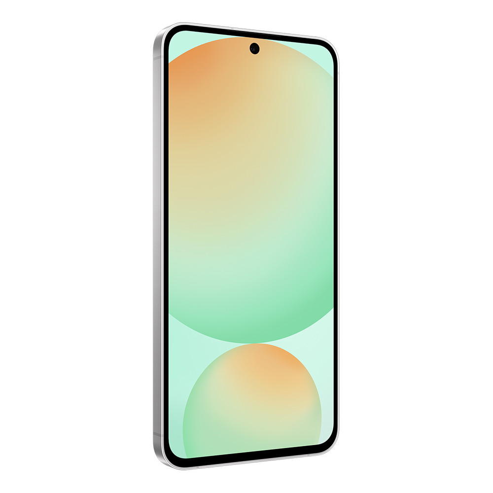 Uno smartphone con schermo sfumato è mostrato angolato. Lo schermo ha un gradiente verde e arancione con un punto nero in alto.