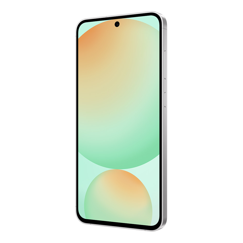 Uno smartphone argentato su sfondo bianco. Lo schermo mostra una sfumatura di colori arancione, verde e bianco.
