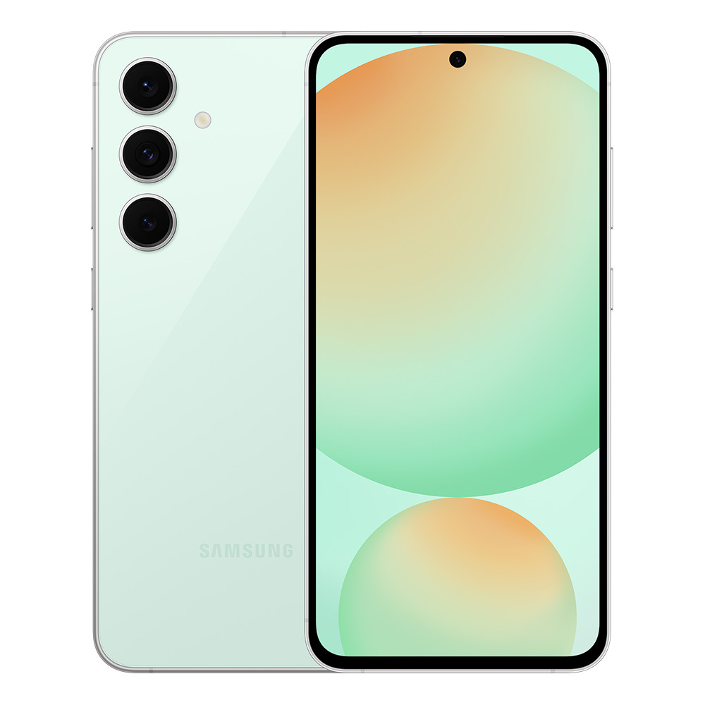 Uno smartphone verde menta con tre fotocamere posteriori e uno schermo che mostra una sfumatura di colori. Il logo Samsung è visibile.
