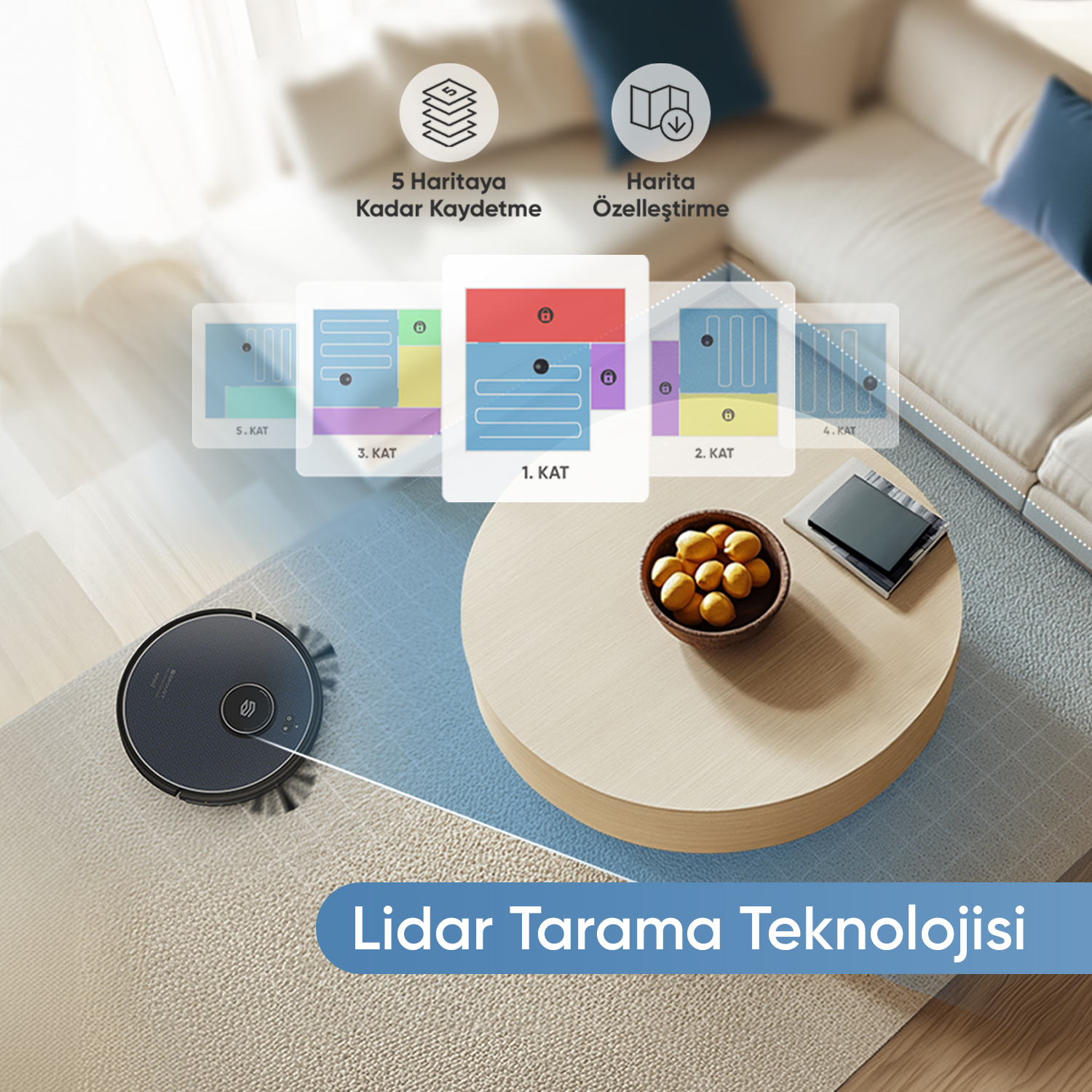 Bir robot süpürge beş katı haritalıyor. Sehpa üzerinde bir kase limon var. Arka planda kanepe ve diyagramlar. Lidar teknolojisi.