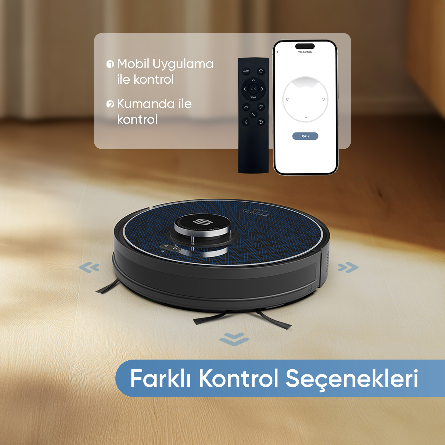 Uzaktan kumandalı ve akıllı telefon arayüzlü bir robot süpürge. Farklı kontrol seçenekleri görüntüleniyor.