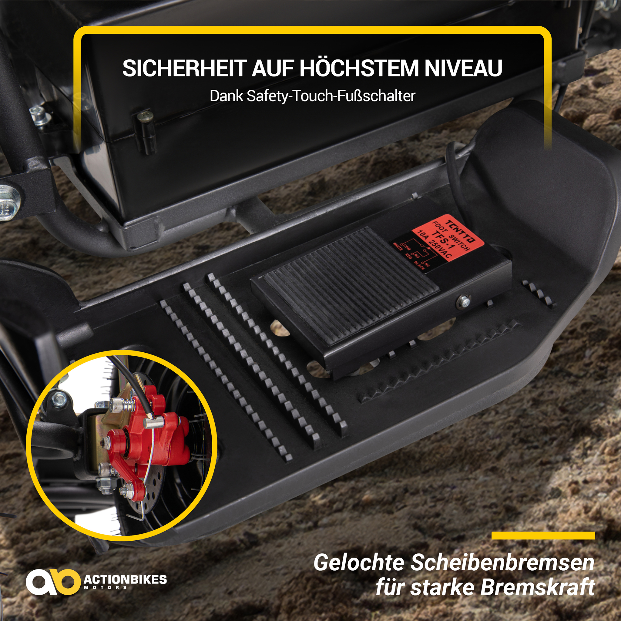 Schwarze Fußplatte mit roten Bremssätteln. Text: Sicherheit auf höchstem Niveau. Gelochte Scheibenbremsen für starke Bremskraft.