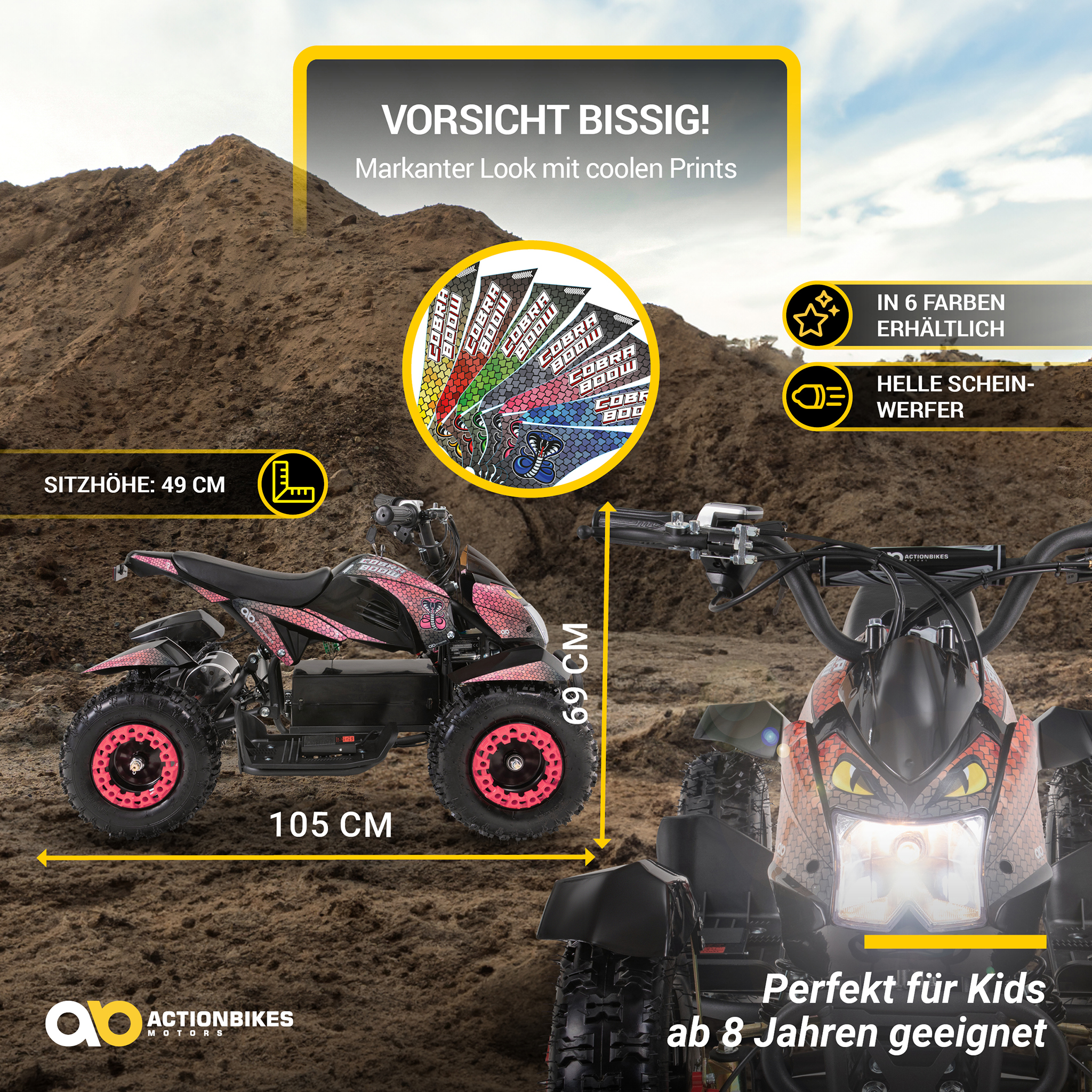 Rosa-schwarzes ATV auf Erde, mit Maßen. Text enthält 'Perfekt für Kinder' und 'in 6 Farben'.