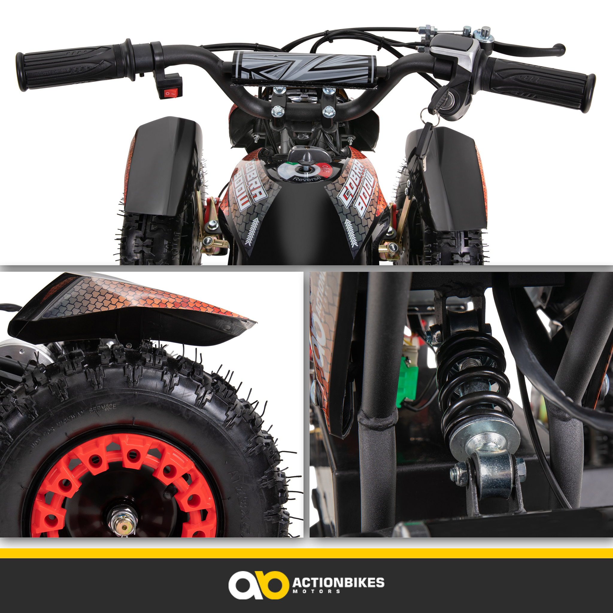 Nahaufnahme eines schwarzen und roten ATVs, Lenker, Reifen und Federung sichtbar. Das ATV steht vor weißem Hintergrund, Studioaufnahme.