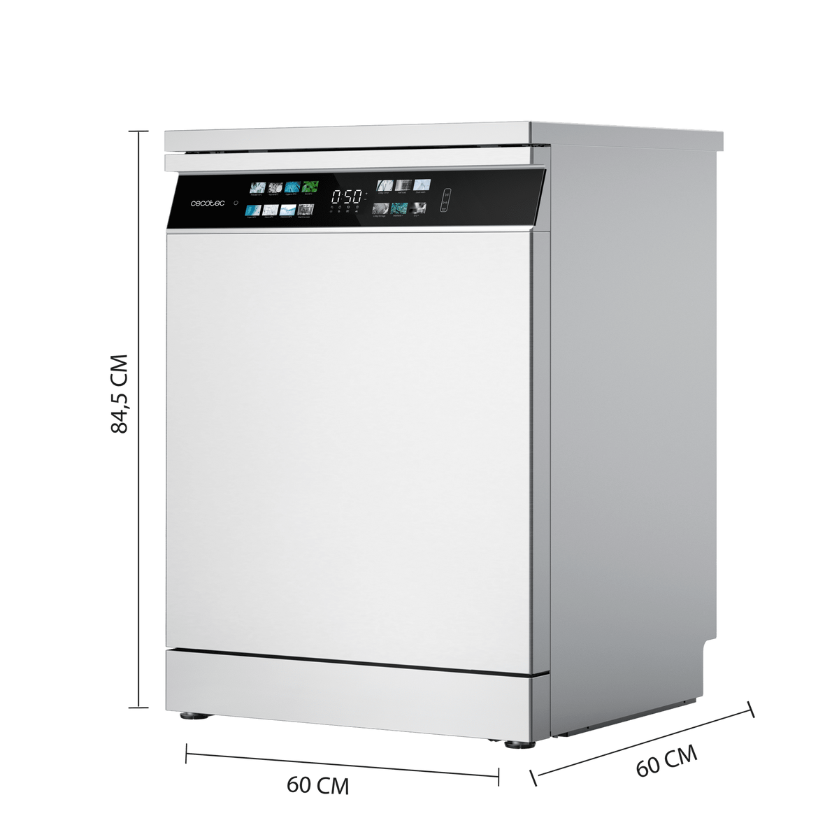 Biała zmywarka z czarnym panelem sterowania. Wymiary: 84,5 cm wysokości, 60 cm szerokości i 60 cm głębokości.