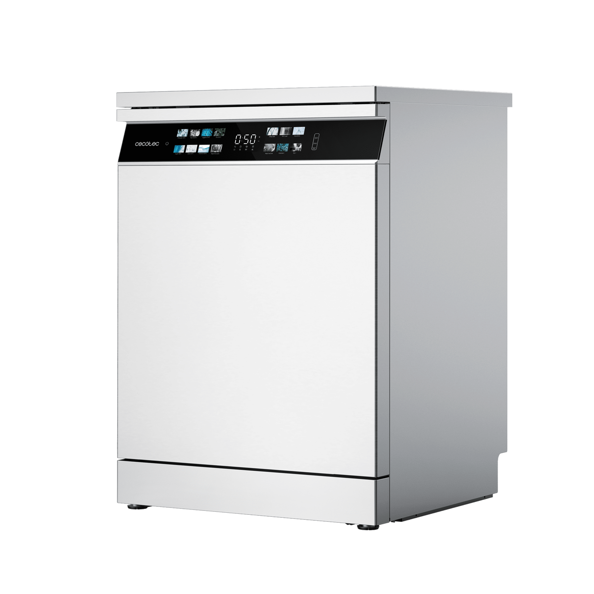 Biała zmywarka z czarnym panelem sterowania wyświetla czas. Urządzenie jest na czarnym tle.