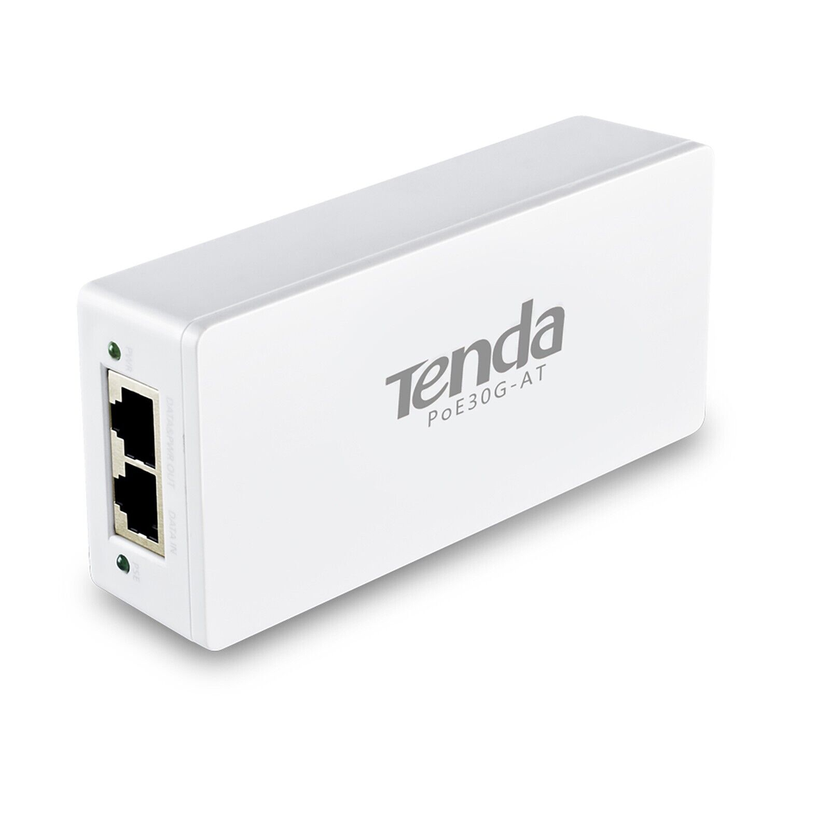 Beyaz bir Tenda PoE30G-AT cihazı. İki Ethernet portu ve gösterge ışıkları var. Tenda logosu üstüne basılmıştır.