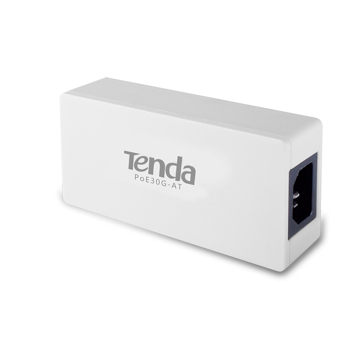 Beyaz bir arka plan üzerinde bir güç çıkışına sahip beyaz bir Tenda PoE30G-AT cihazı.