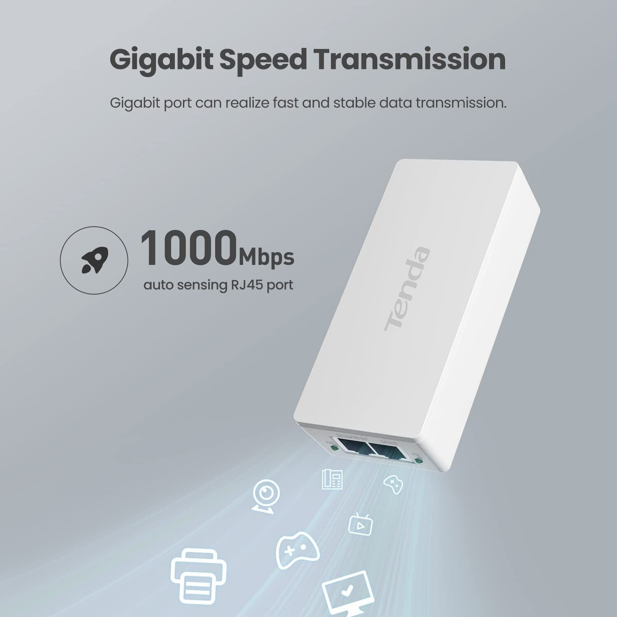 RJ45 portlarına sahip beyaz bir Tenda cihazı, cihaz simgeleriyle gösteriliyor. Metin, Gigabit Hız İletimi ve 1000Mbps şeklinde.