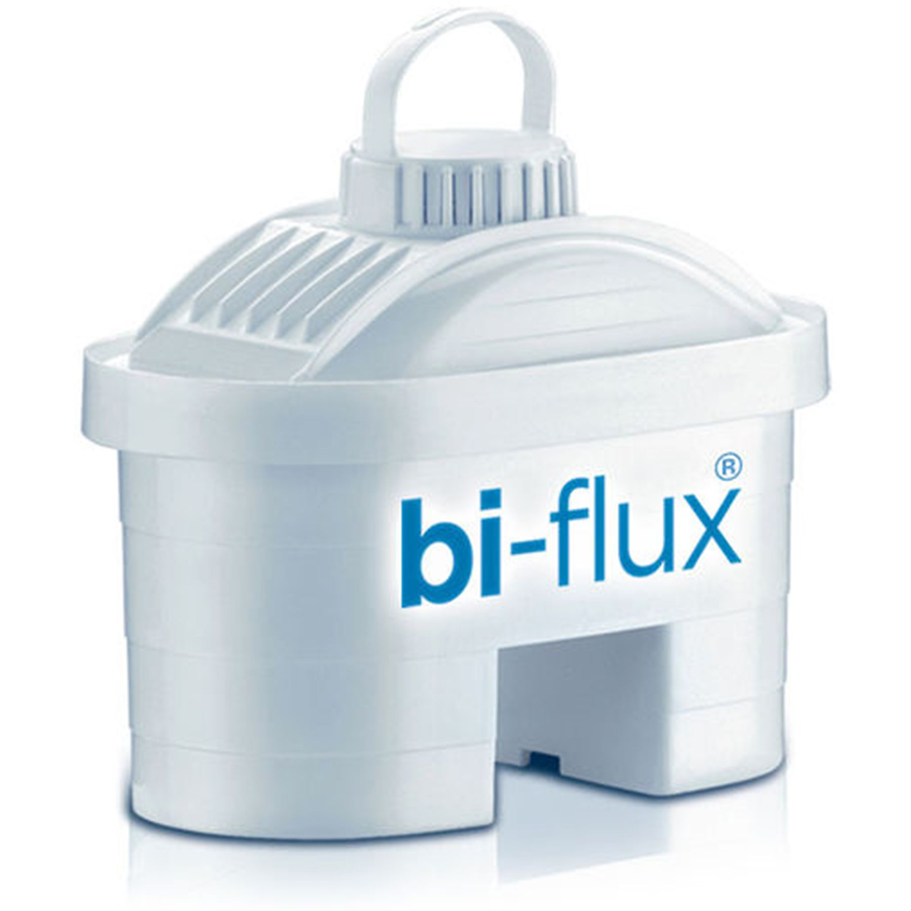 Weißer Wasserfilter mit Griff und blauem Text 'bi-flux'. Er hat eine runde Oberseite und eine rechteckige Basis.