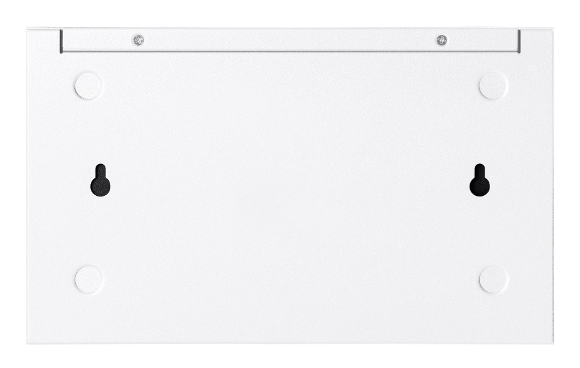 Biały panel metalowy z łbami śrub, okrągłymi mocowaniami i dwoma czarnymi hakami w kształcie dziurki od klucza.