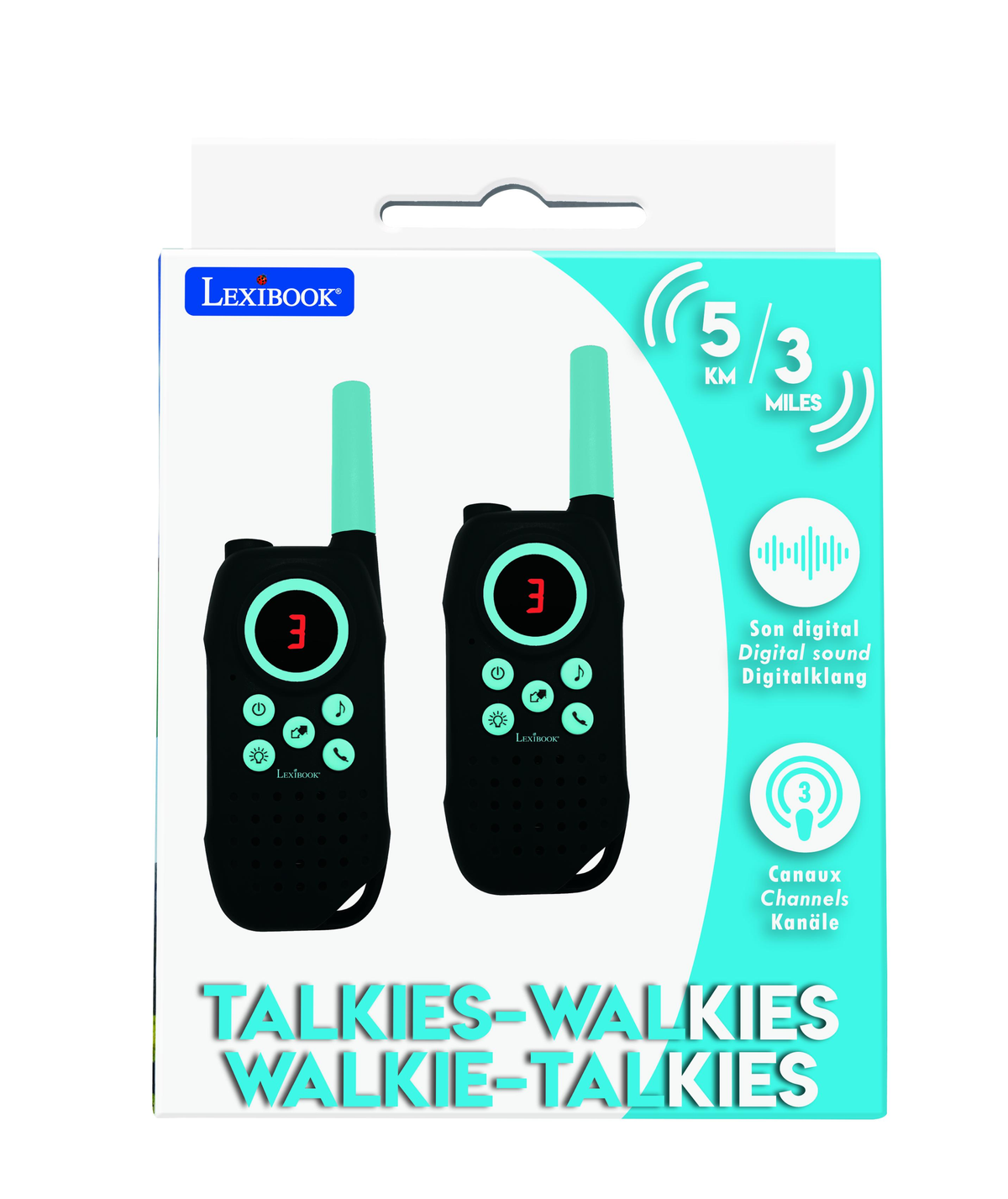 Walkie-talkies Lexibook en caja. Negro con detalles turquesa. Texto incluye 'Talkies-Walkies' y '5/3 Millas'.