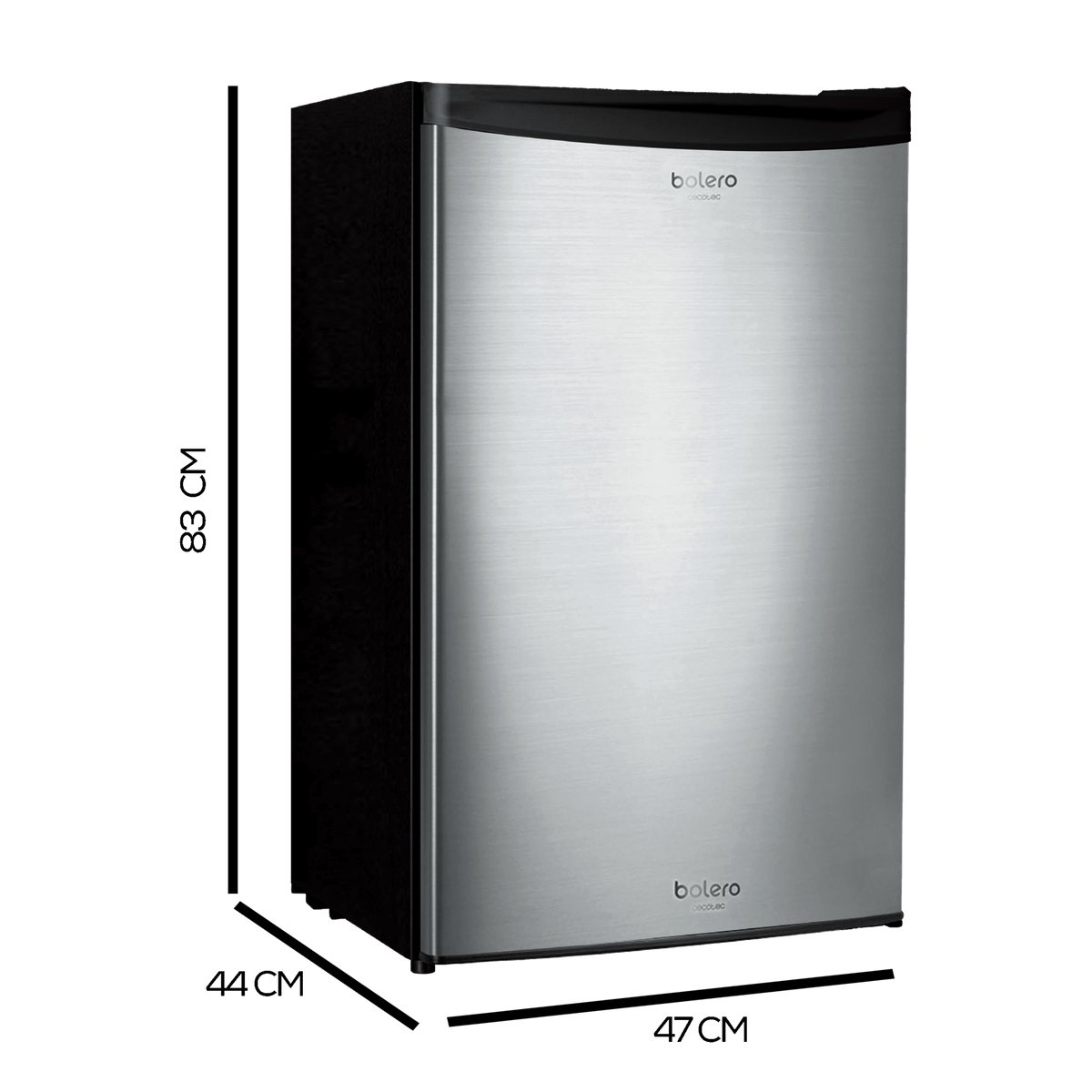 Un mini frigo Bolero in acciaio inossidabile. Le dimensioni sono: altezza 83 cm, larghezza 44 cm e profondità 47 cm.